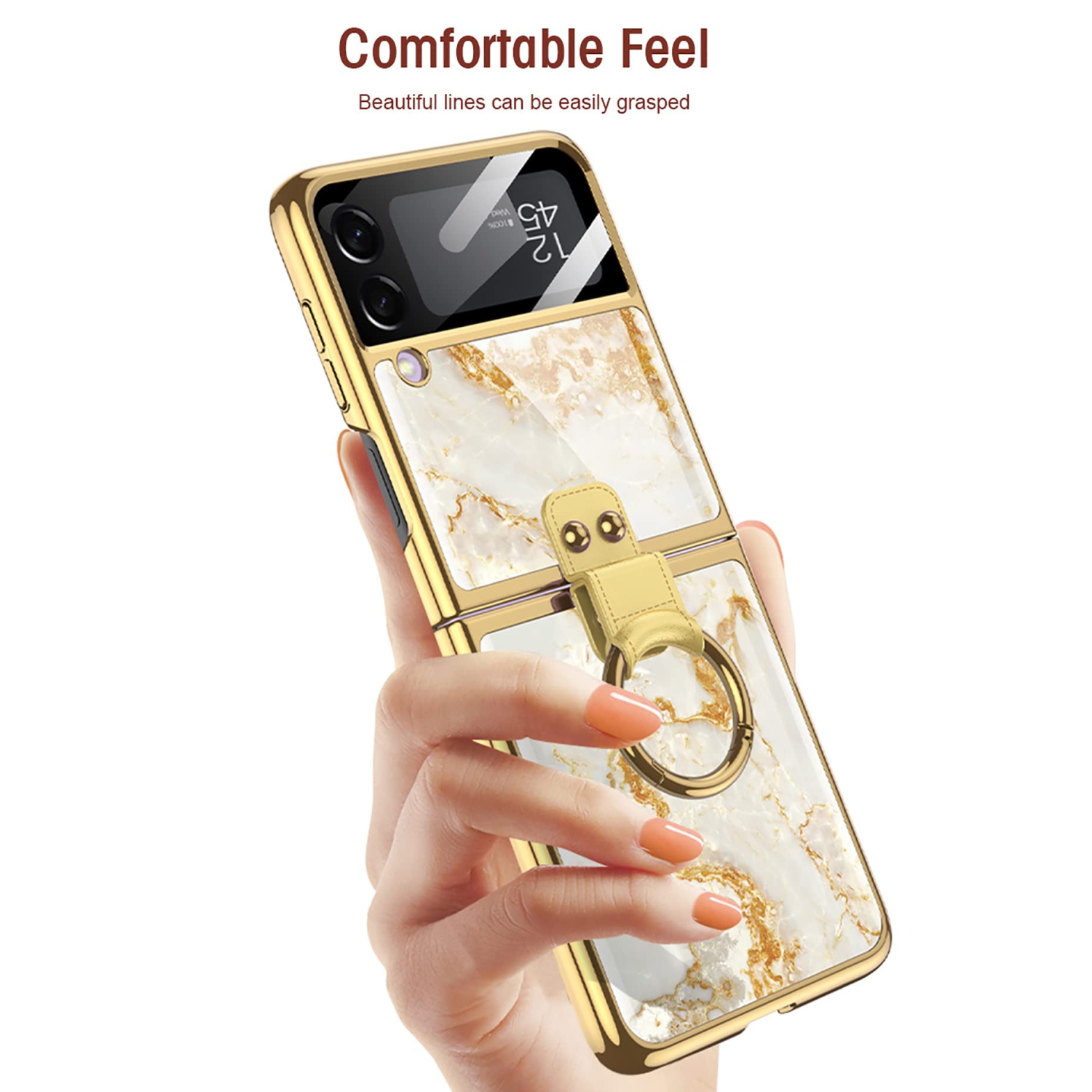 SHIEID Samsung Z Flip 3 Case, Z Flip 3 Case with Ring Phone Case, Electroplating Color Painting Tempered Glass Protective Co