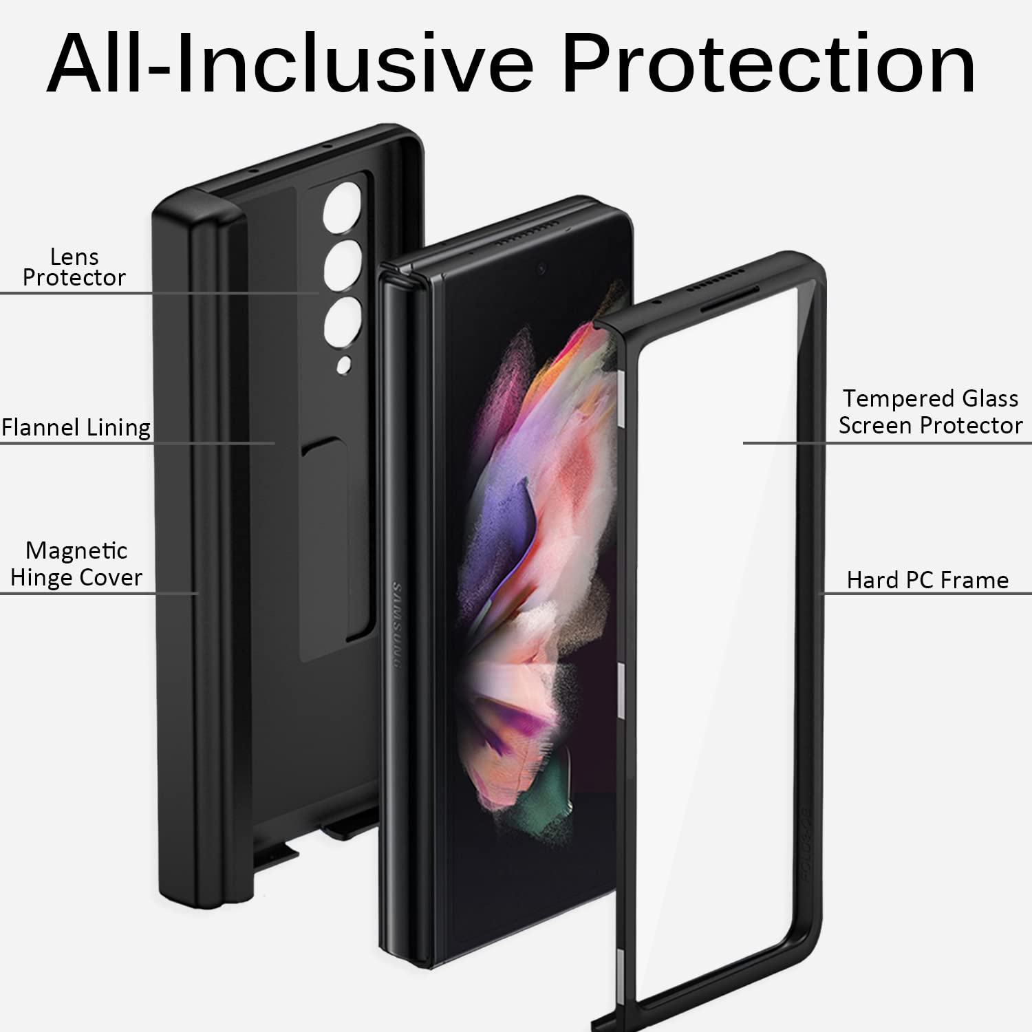 Miimall – Étui pour Samsung Z Fold 3 avec porte-stylet, étui pour Galaxy Z Fold 3 avec protecteur d’écran, charnière magnétique All-Inc