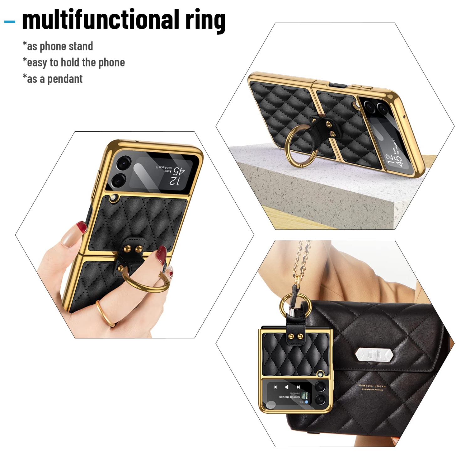 HJCMikee for Galaxy Z Flip 3 Ring Stand Case, ZFlip3 Luxurious Pu Leather Cover Case with Back Screen Protector for Samsung