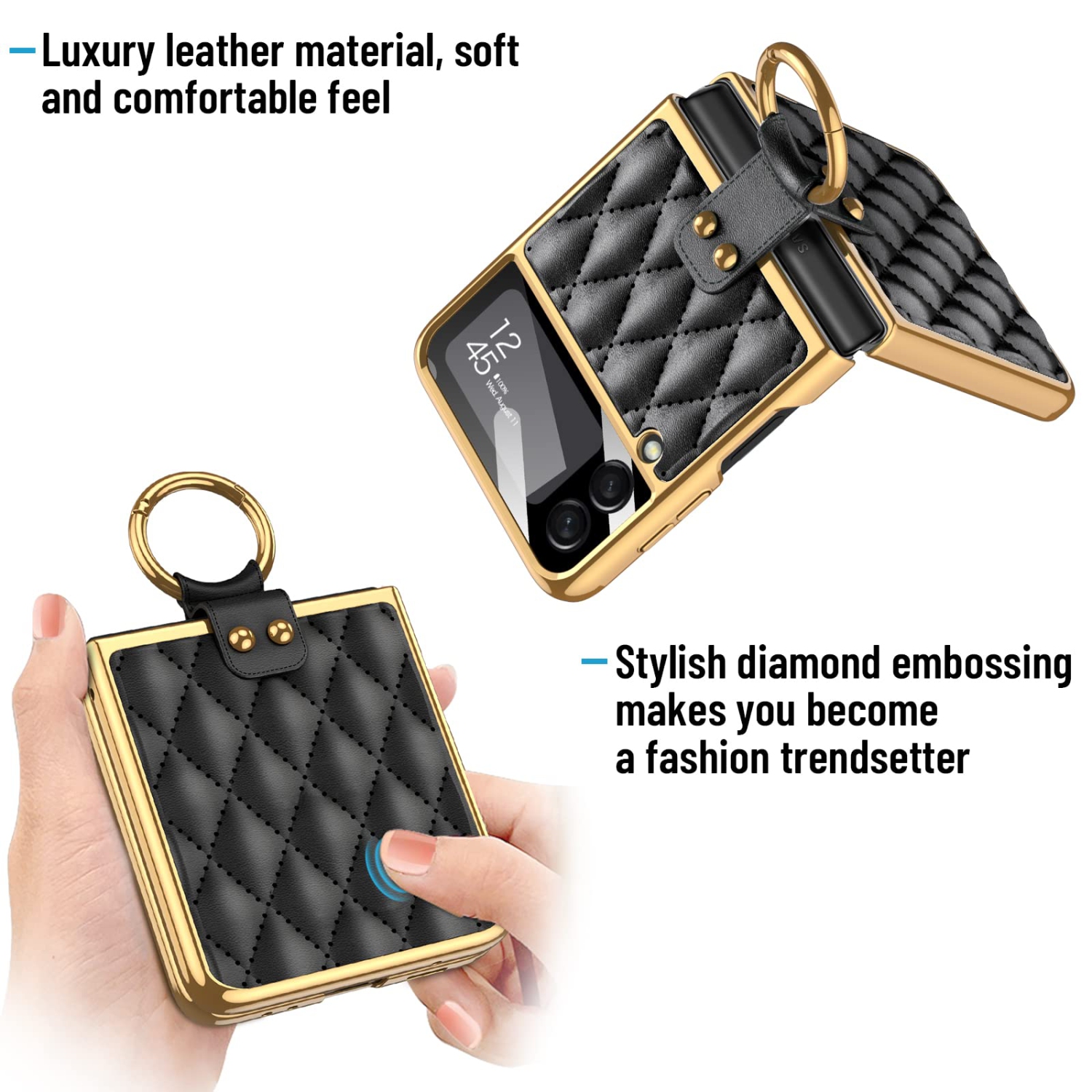 HJCMikee for Galaxy Z Flip 3 Ring Stand Case, ZFlip3 Luxurious Pu Leather Cover Case with Back Screen Protector for Samsung