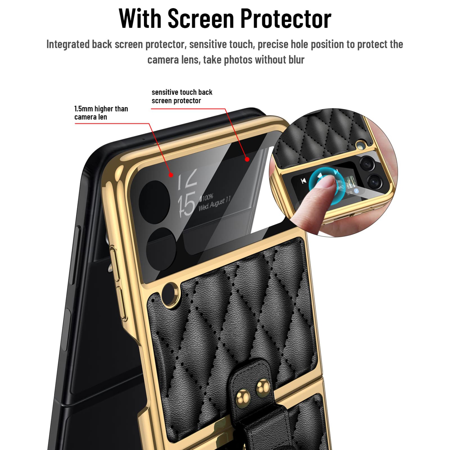 HJCMikee for Galaxy Z Flip 3 Ring Stand Case, ZFlip3 Luxurious Pu Leather Cover Case with Back Screen Protector for Samsung