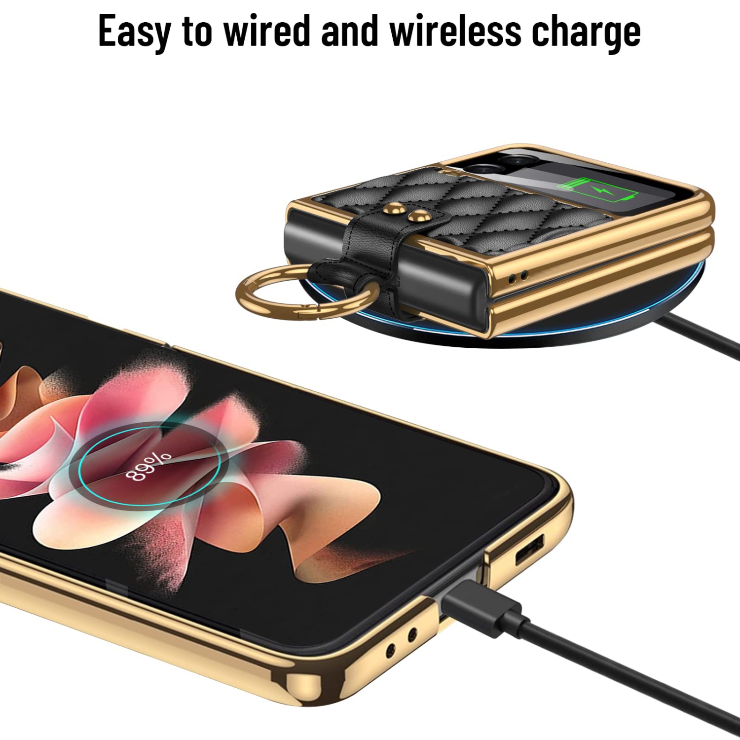 HJCMikee for Galaxy Z Flip 3 Ring Stand Case, ZFlip3 Luxurious Pu Leather Cover Case with Back Screen Protector for Samsung