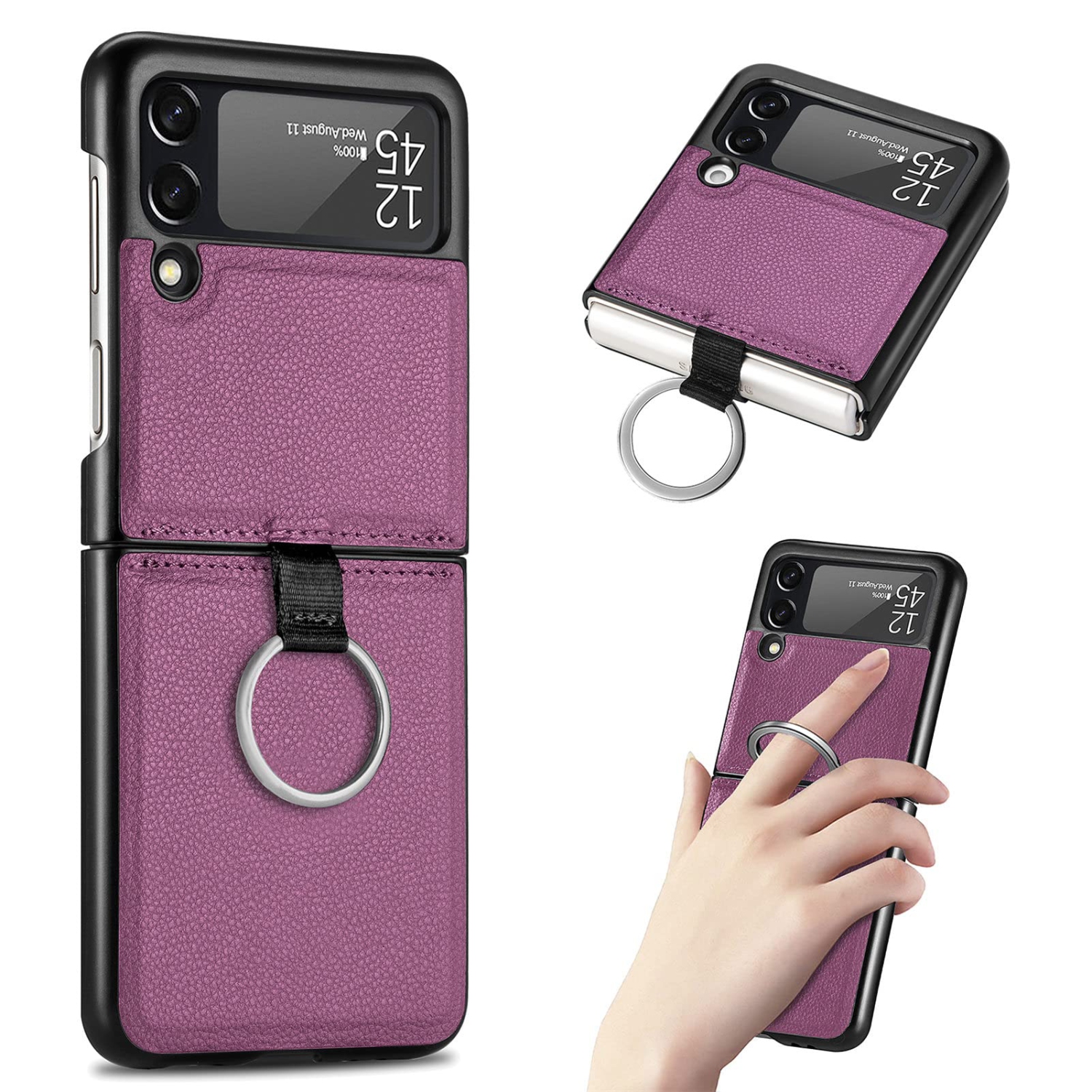 Samsung Galaxy Z Flip 3 Phone Case, PU Leather Protective Cover with Ring Strap Shockproof Lightweight Smartphone Protector Case for Samsung Galaxy Z Flip 3 ZH Purple
