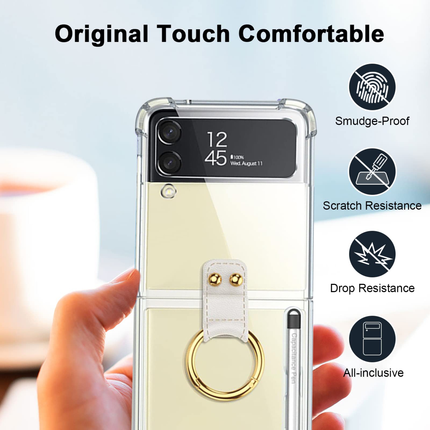 Qoosea compatible avec l’étui Z Flip 4 de Samsung, l’anneau et le stylet Slim anti-empreintes digitales anti-rayures tout inclus