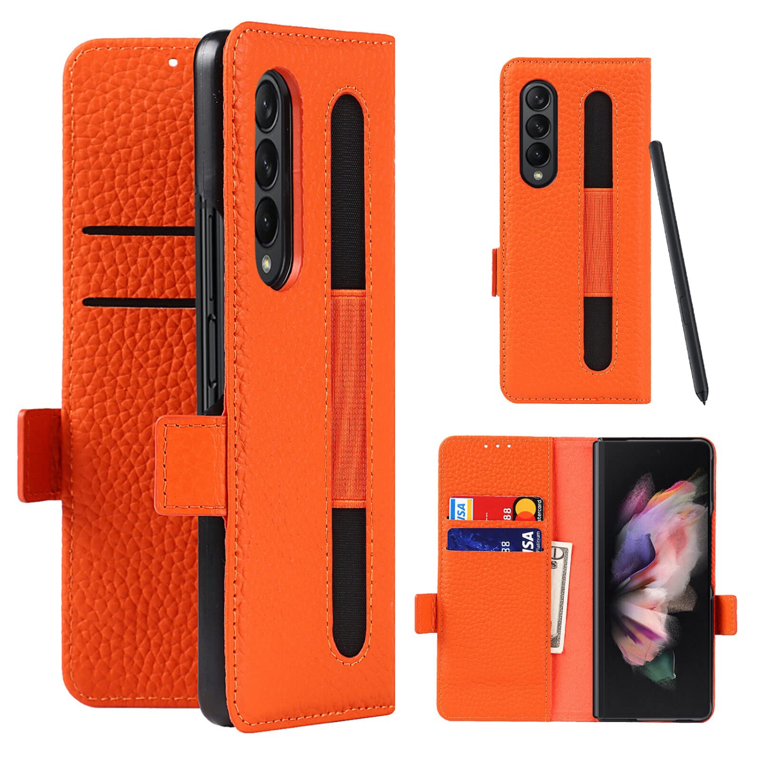 NUOUN Wallet Case for Samsung Galaxy Z Fold 3 5G (2021) with Stand, Magnetic Kickstand  Genuine Leather Protective Pencil Ca