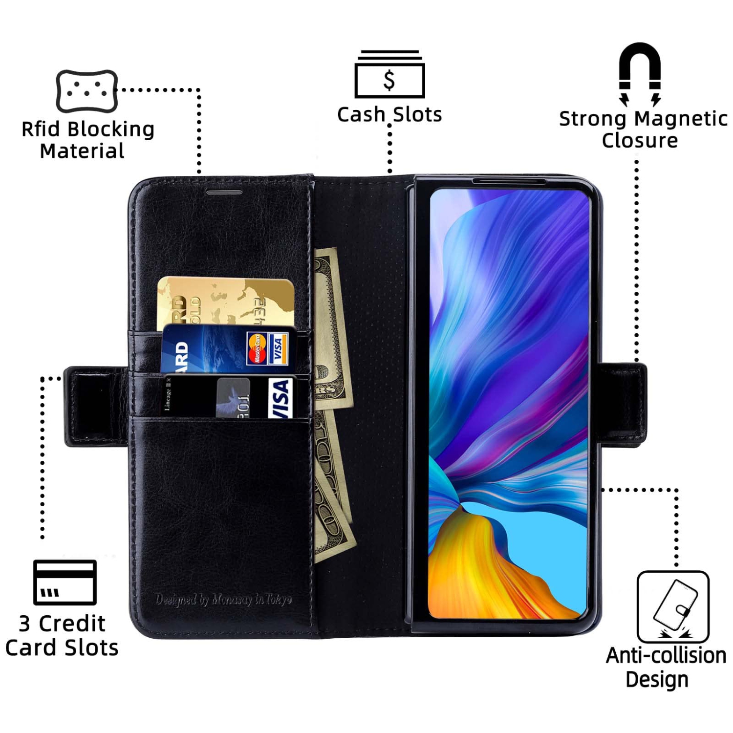 MONASAY – Étui portefeuille en cuir pour Galaxy Z Fold 3 5G avec porte-stylet S Pen, étui folio rabattable pour téléphone cellulaire avec carte de