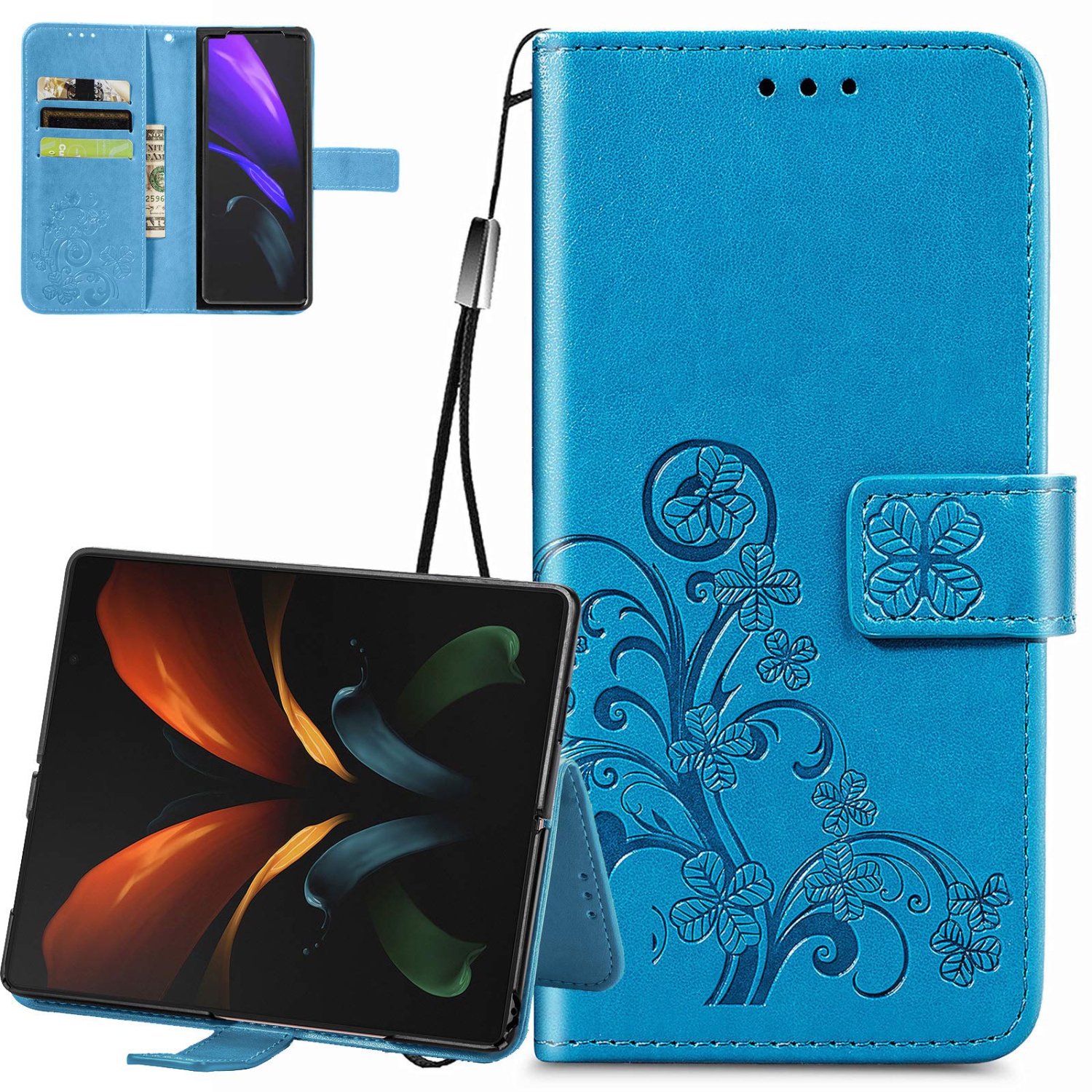 Samsung Galaxy Z Fold 2 5G Wallet Phone Case,Four-Leaf Clover Embossed PU Leather Flip Phone Case with Card Holder & Stand M