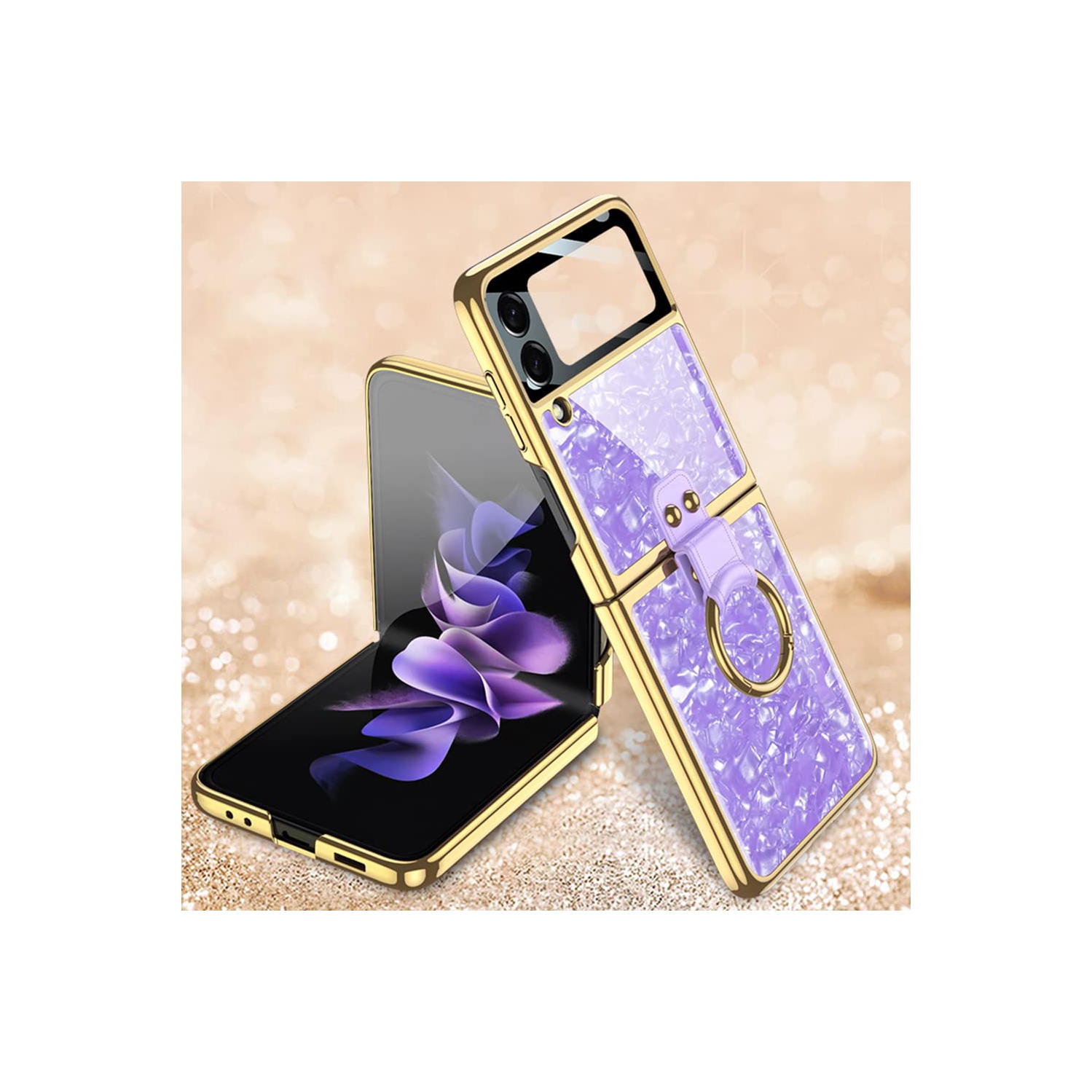 SHIEID Samsung Z Flip 3 Case with Ring, Electroplated Pearl Shell with Ring Galaxy Z Flip 3 Case Protective Case Designed fo