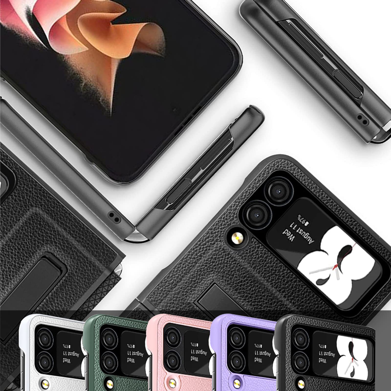 Miimall Compatible with Samsung Galaxy Z Flip 3 Case with Hinge Protection, PU Leather + Hard PC with Magnetic Kickstand + G