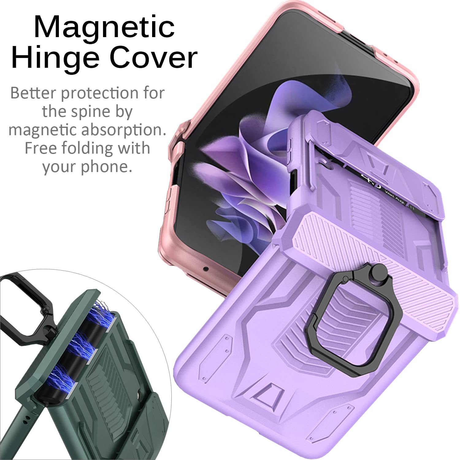 Miimall Compatible Galaxy Z Flip 3 Case with Ring, Samsung Z Flip 3 Case with Hinge Protection, Slide Camera Lens Cover Shoc