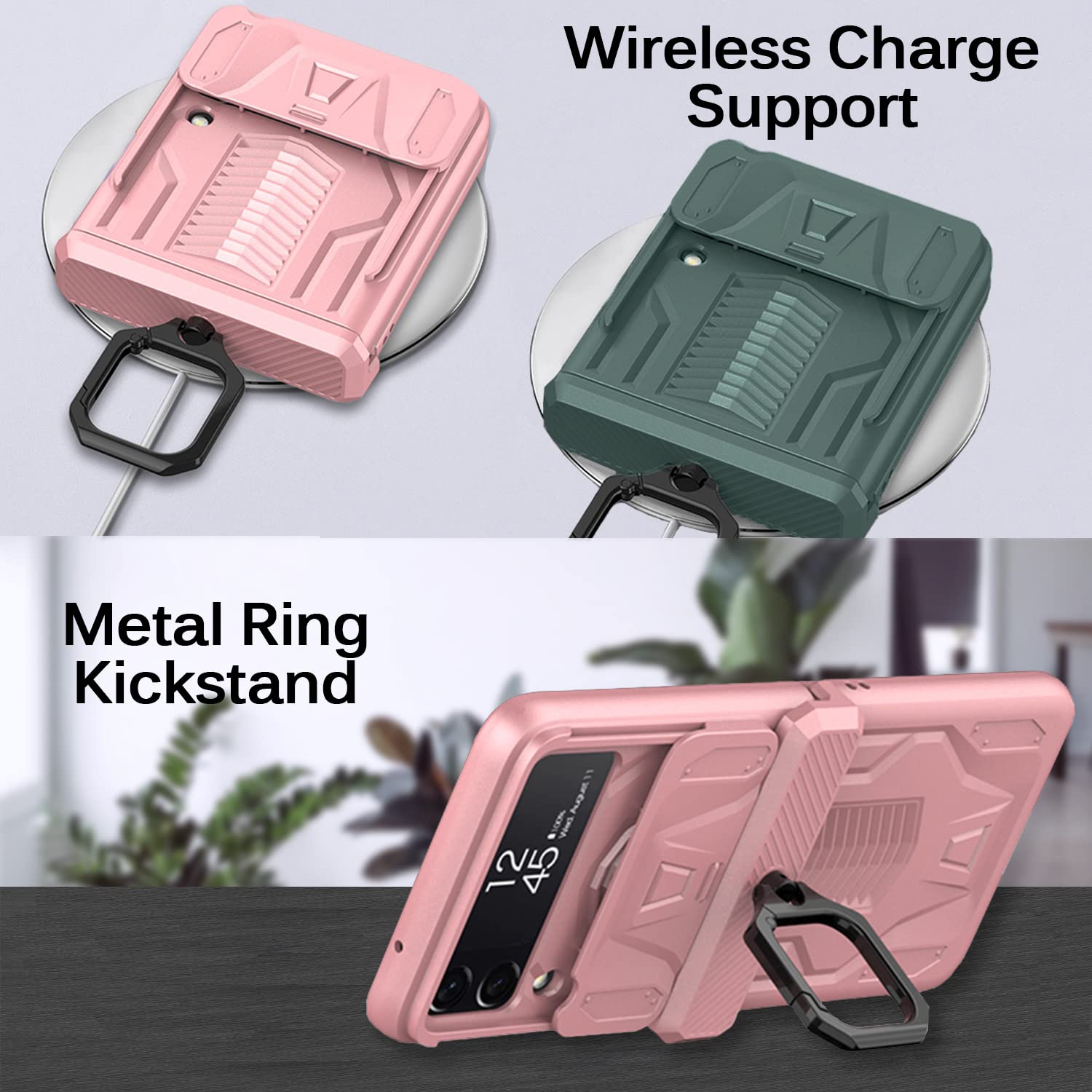 Miimall Compatible Galaxy Z Flip 3 Case with Ring, Samsung Z Flip 3 Case with Hinge Protection, Slide Camera Lens Cover Shoc