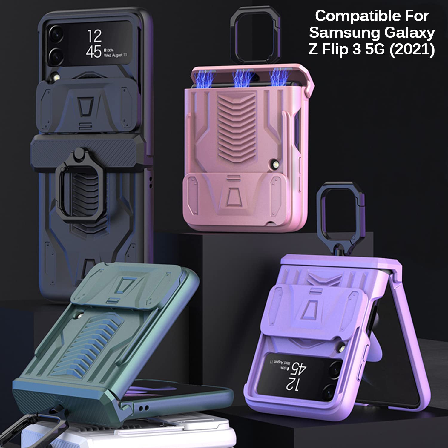 Miimall Compatible Galaxy Z Flip 3 Case with Ring, Samsung Z Flip 3 Case with Hinge Protection, Slide Camera Lens Cover Shoc