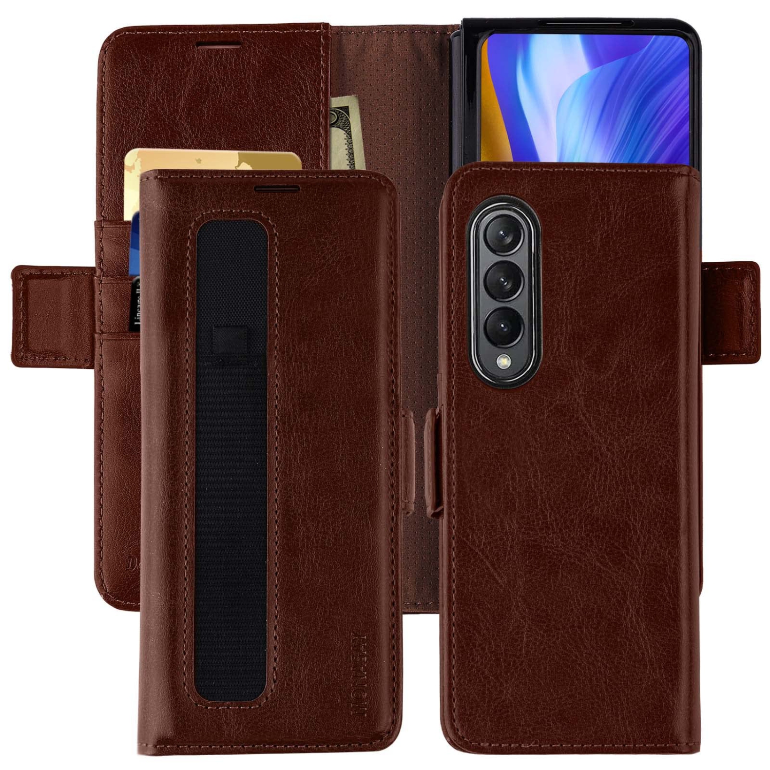 MONASAY Galaxy Z Fold 3 5G Wallet Case with S Pen Holder, Flip Folio Leather Cell Phone Cover with RFID Blocking Credit Card