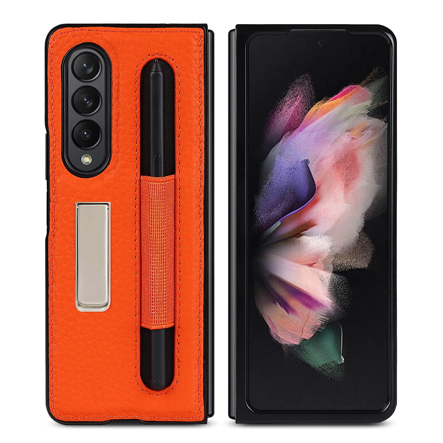 NUOUN Case for Samsung Galaxy Z Fold 3 5G (2021) with Stand, Magnetic Kickstand  Genuine Leather Protective Case - (Orange)
