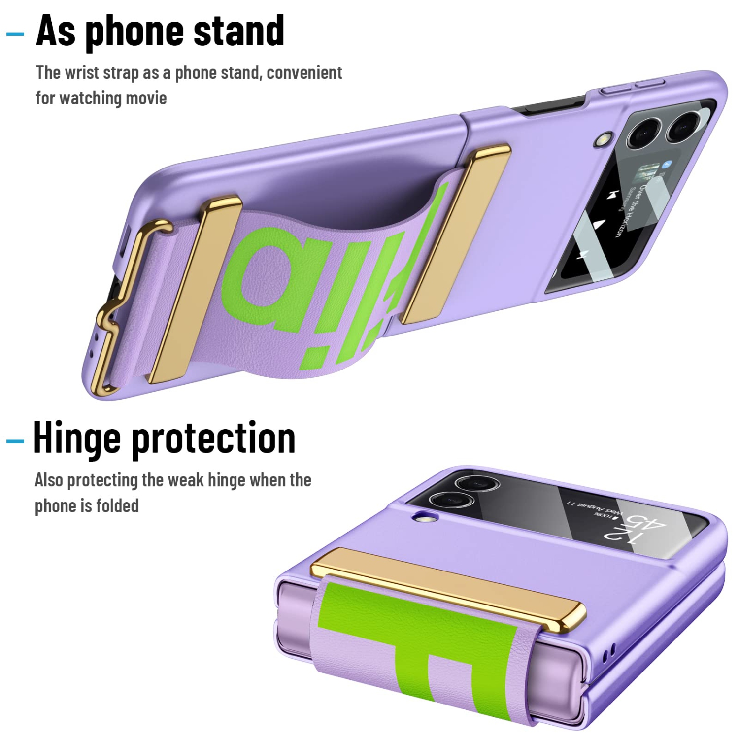 HJCMikee pour Galaxy Z Flip 3 – Étui avec support pour bracelet, étui protecteur intégral ZFlip3 avec protection à charnière et écran arrière