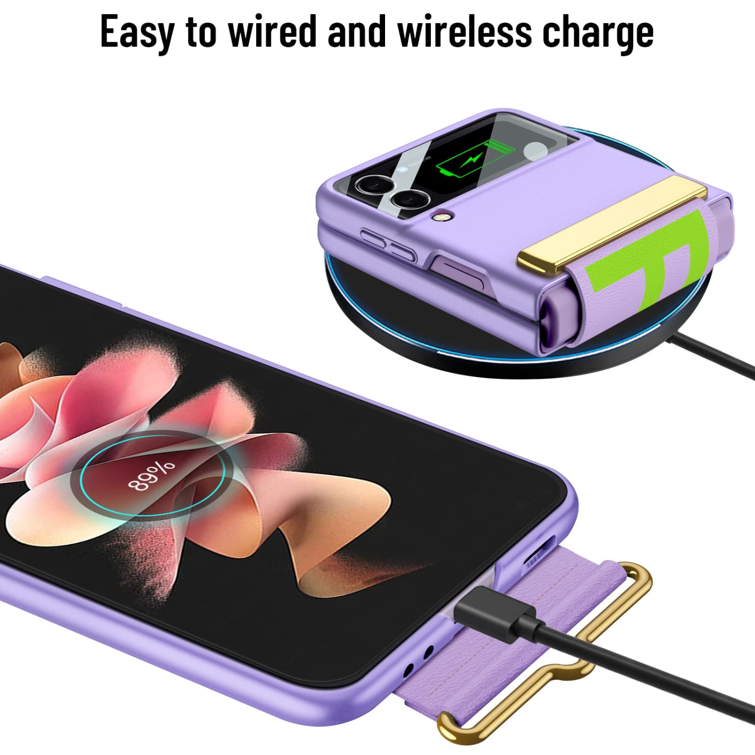 HJCMikee pour Galaxy Z Flip 3 – Étui avec support pour bracelet, étui protecteur intégral ZFlip3 avec protection à charnière et écran arrière