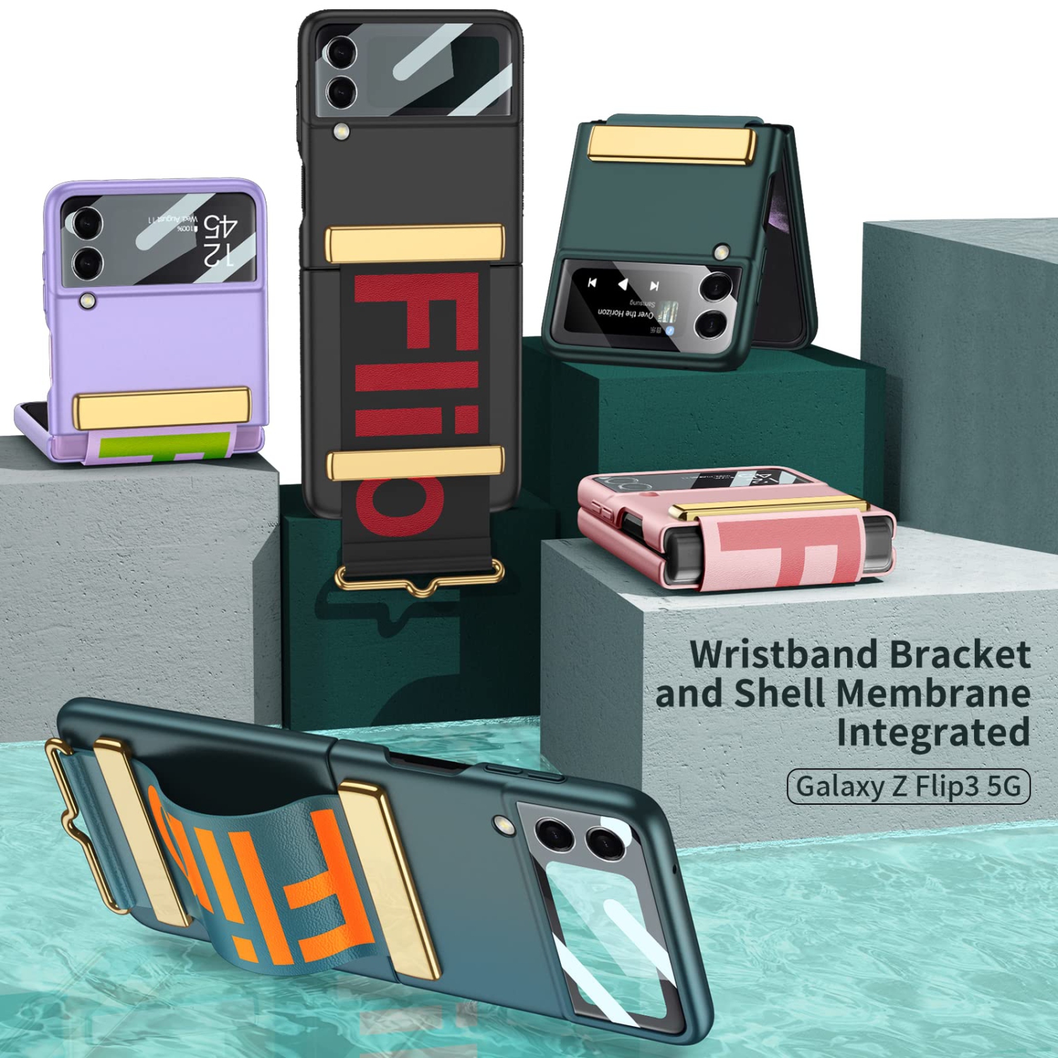 HJCMikee pour Galaxy Z Flip 3 – Étui avec support pour bracelet, étui protecteur intégral ZFlip3 avec protection à charnière et écran arrière