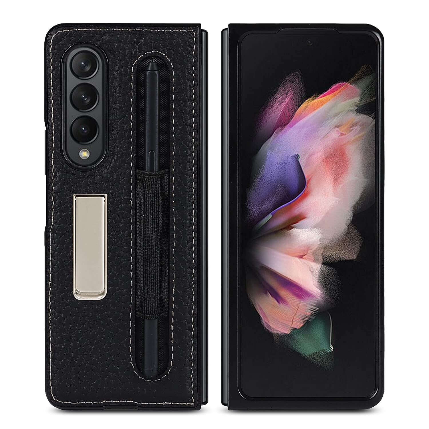 NUOUN Case for Samsung Galaxy Z Fold 3 5G (2021) with Stand, Magnetic Kickstand  Genuine Leather Protective Case - (Black)