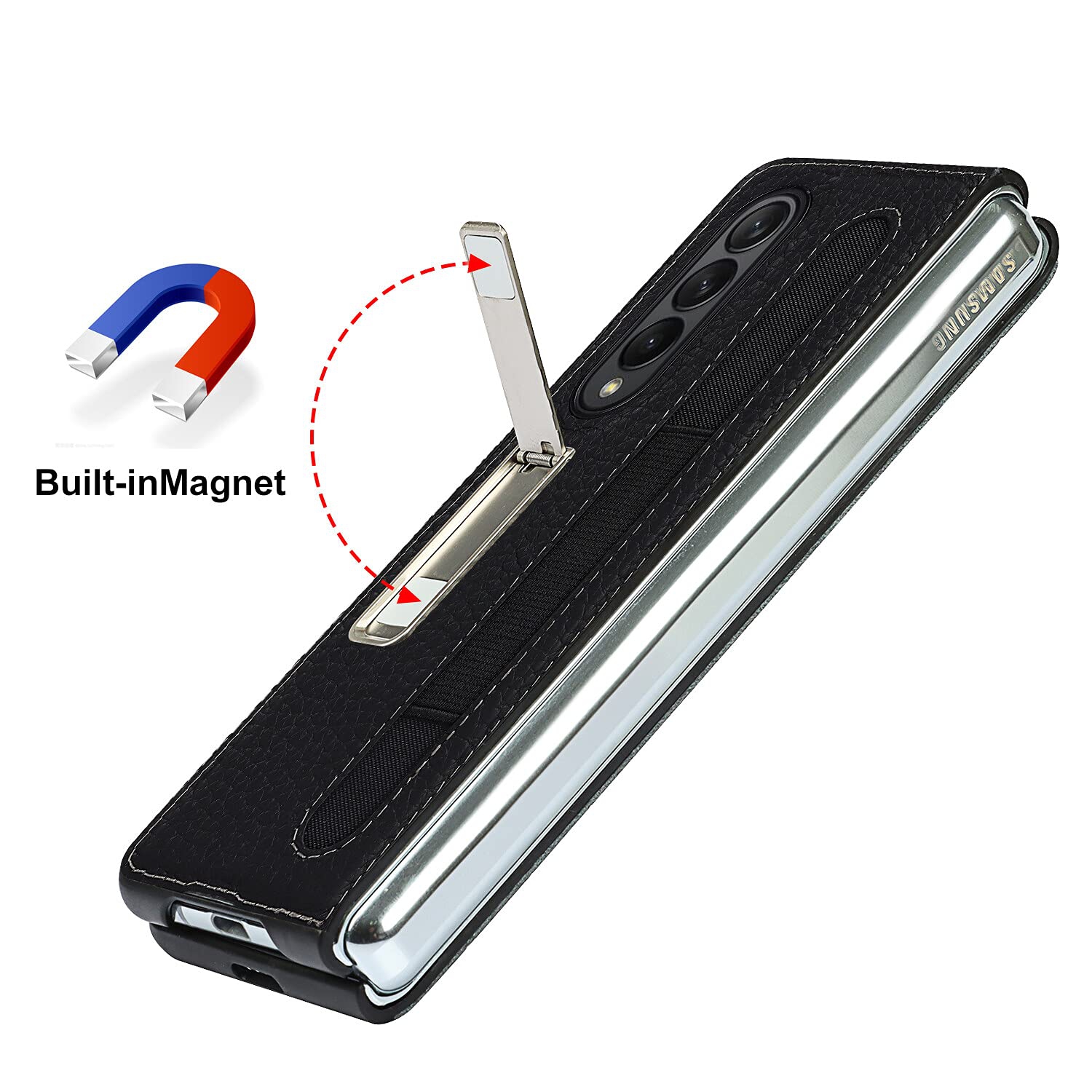 Étui NUONUN pour Galaxy Z Fold 3 5G Samsung avec support, béquille magnétique cuir véritable - (Noir)
