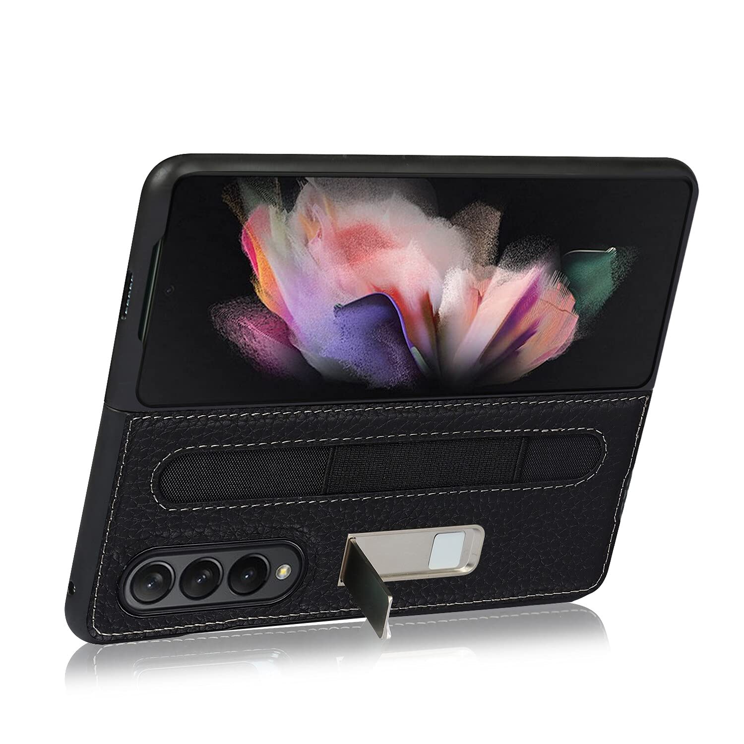 Étui NUONUN pour Galaxy Z Fold 3 5G Samsung avec support, béquille magnétique cuir véritable - (Noir)