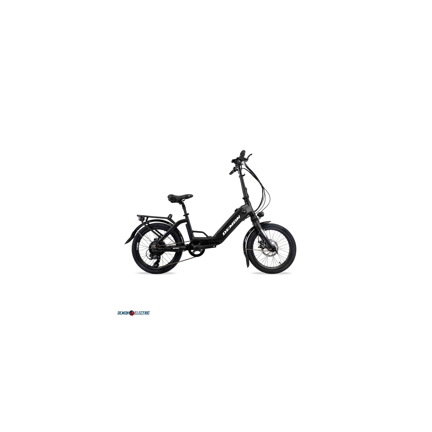 Demon Electric Rebel 250W 20-in Foldable Electric Bike, 40-50km Battery Range, Tektro Mechanical Brakes, Low Profile, Cargo Rack, Black