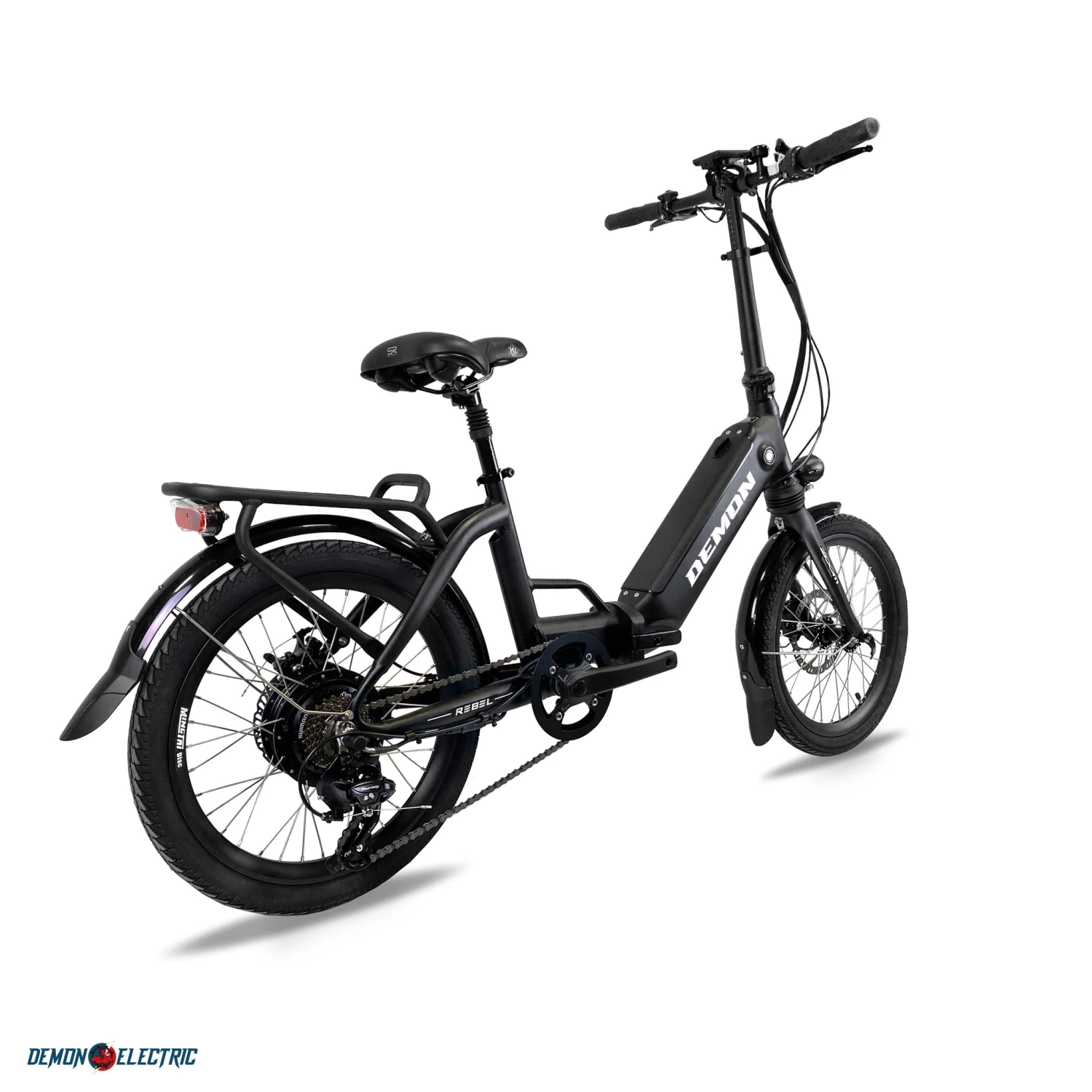 Demon Electric Rebel 250W 20-in Foldable Electric Bike, 40-50km Battery Range, Tektro Mechanical Brakes, Low Profile, Cargo Rack, Black