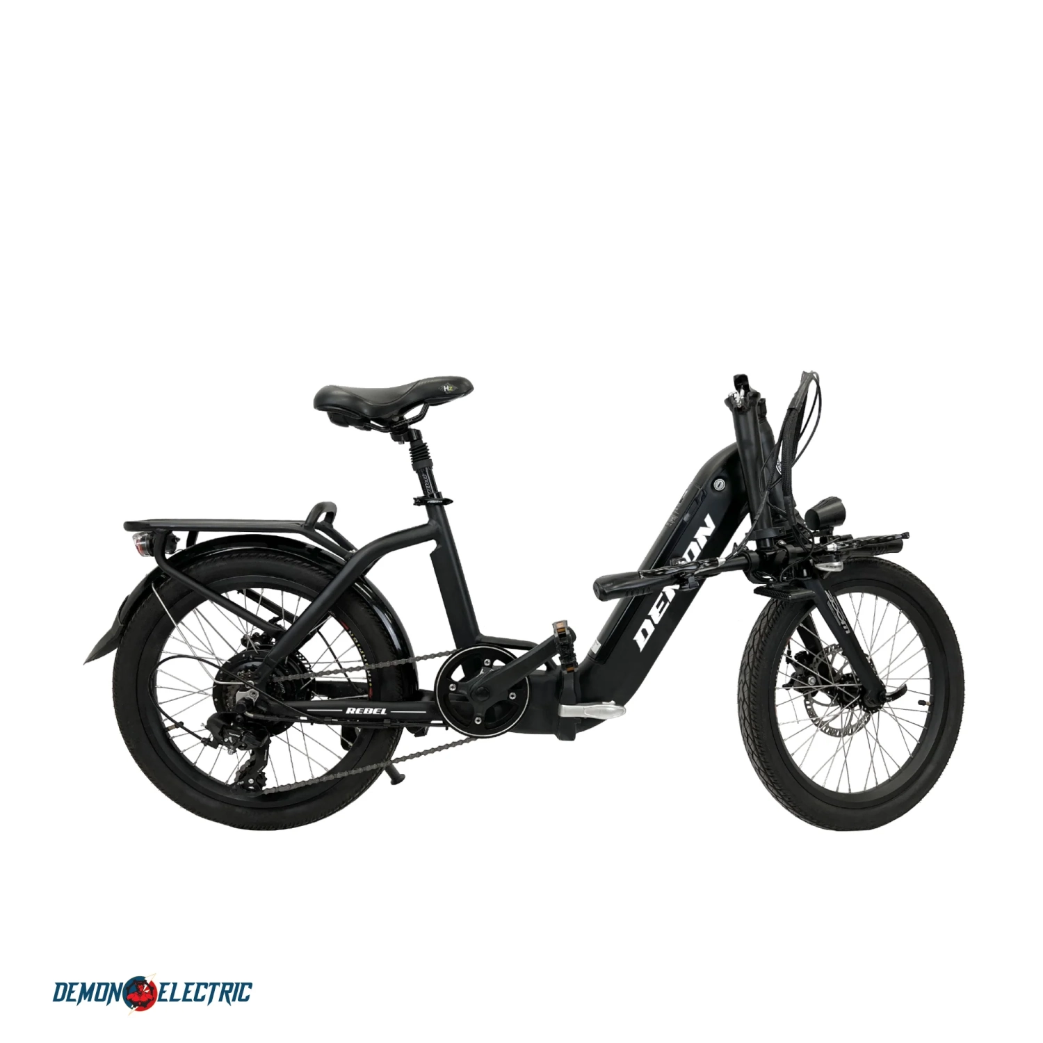 Demon Electric Rebel 250W 20-in Foldable Electric Bike, 40-50km Battery Range, Tektro Mechanical Brakes, Low Profile, Cargo Rack, Black