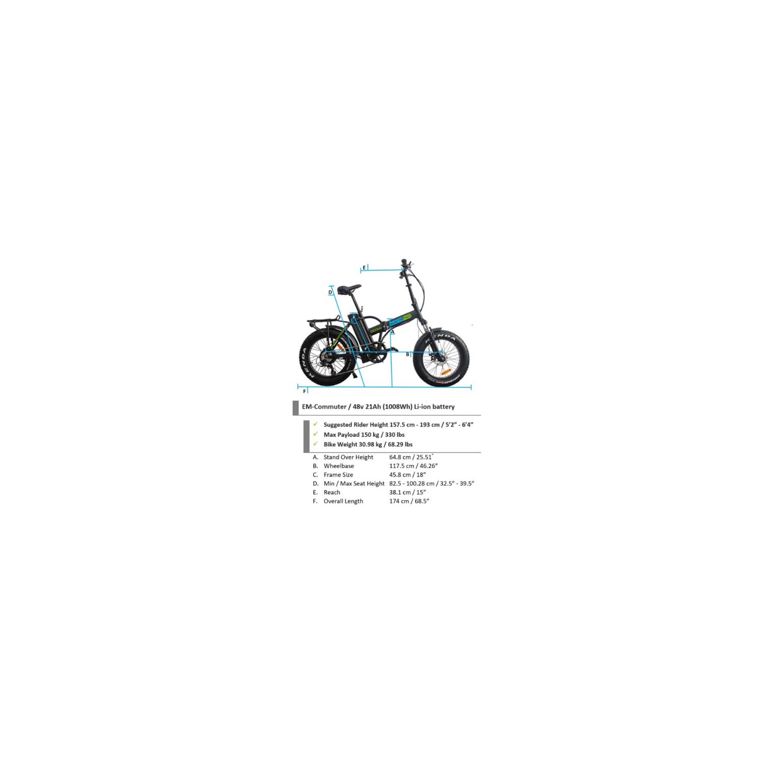EM-Commuter eBike - Folding Fat Tire City and Trail Bike with 500 Watts and Long Range Battery up to 120km Range 1008Wh(21Ah)