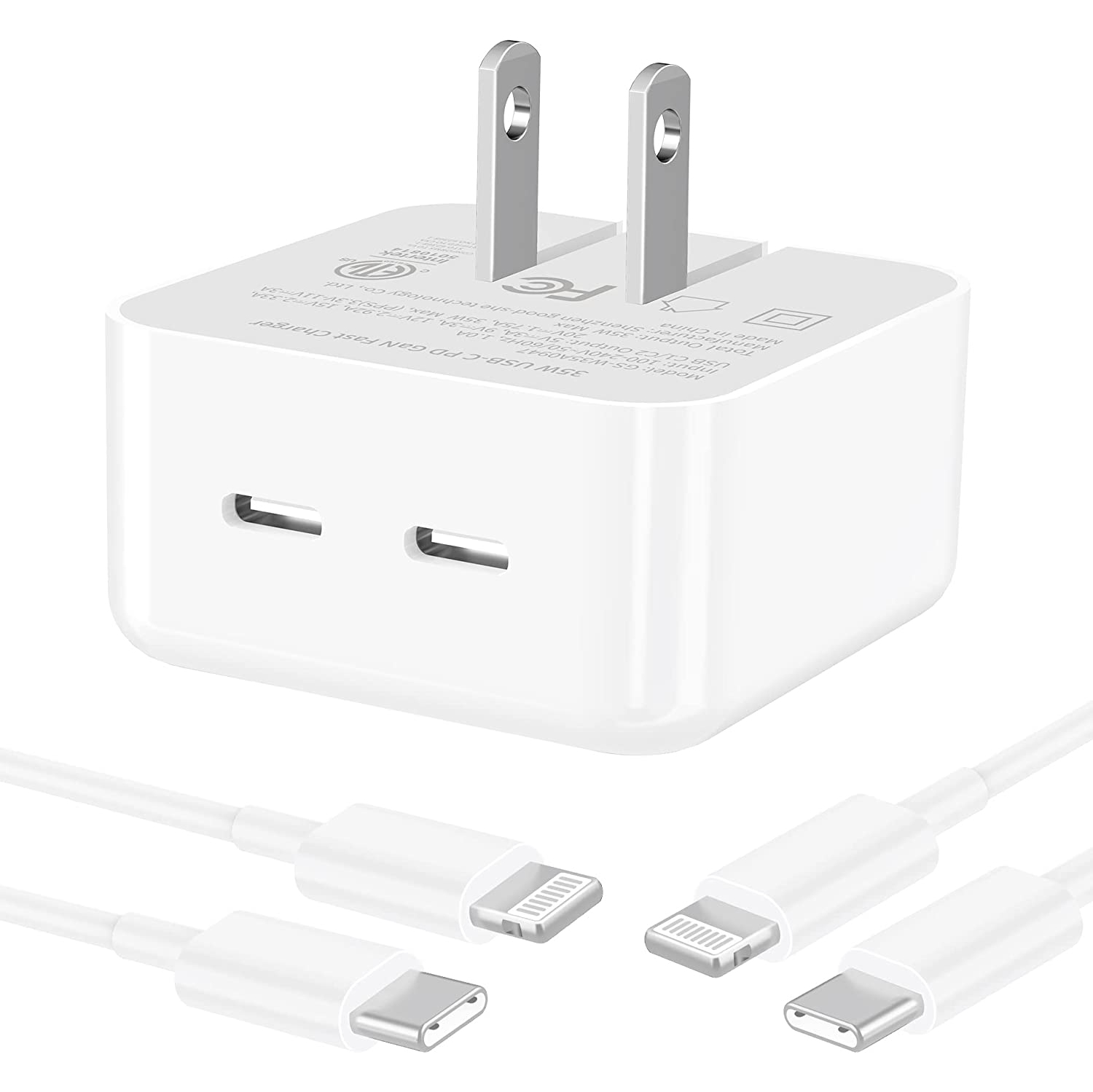 [Apple MFi CERT] iPhone 14 13 12 pro max Fast Charger 35W Wall Charger Block, Dual USB-C Port Compact Power Adapter, PD 3.0​​​​ for iPhone Macbook iPad + 2 Cable USB-C to Lightning