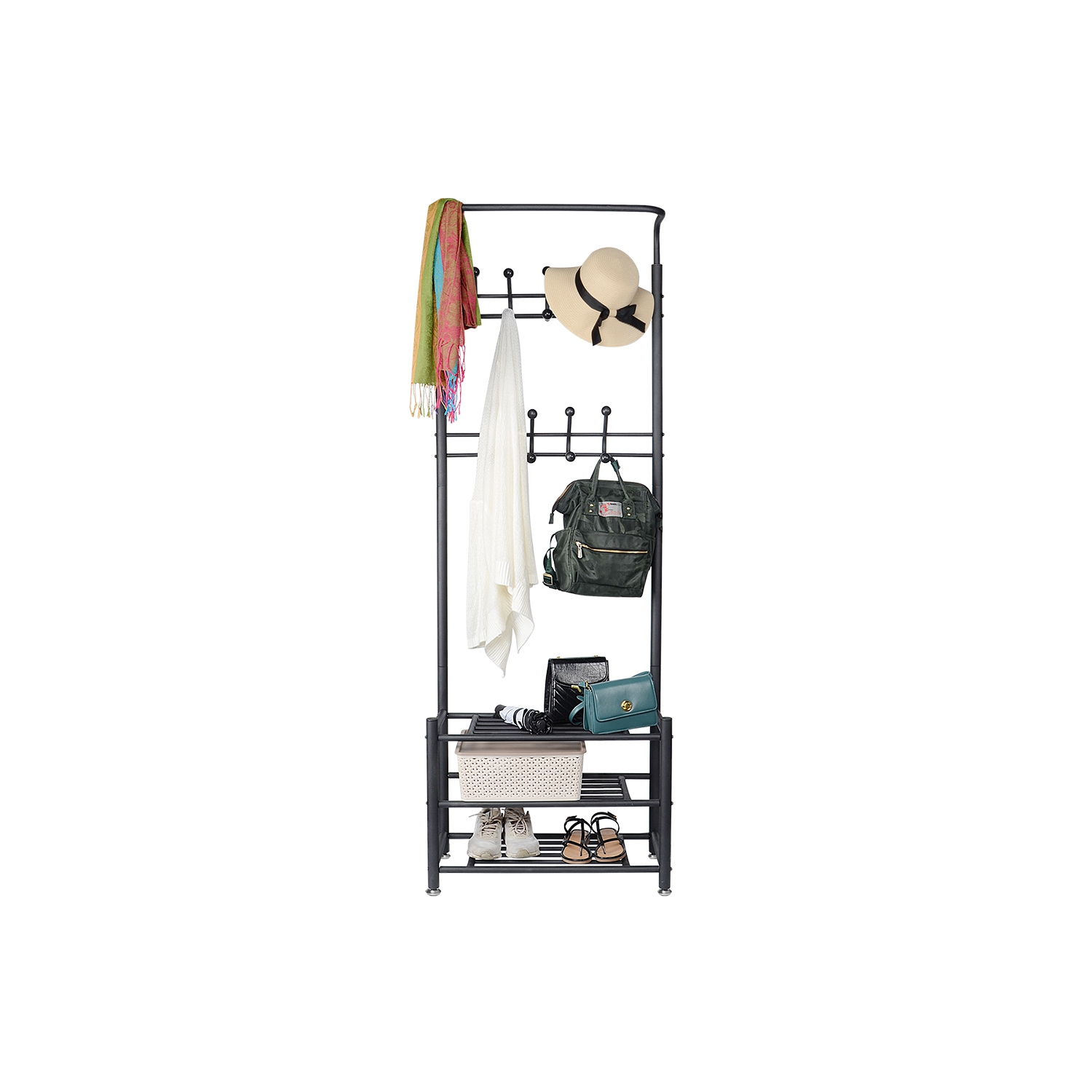 Multifuctional Clothing Rack Garment Rack Metal Entryway Coat Rack 3-Tier Shoe Bench with 18 Hooks,Easy Assembly