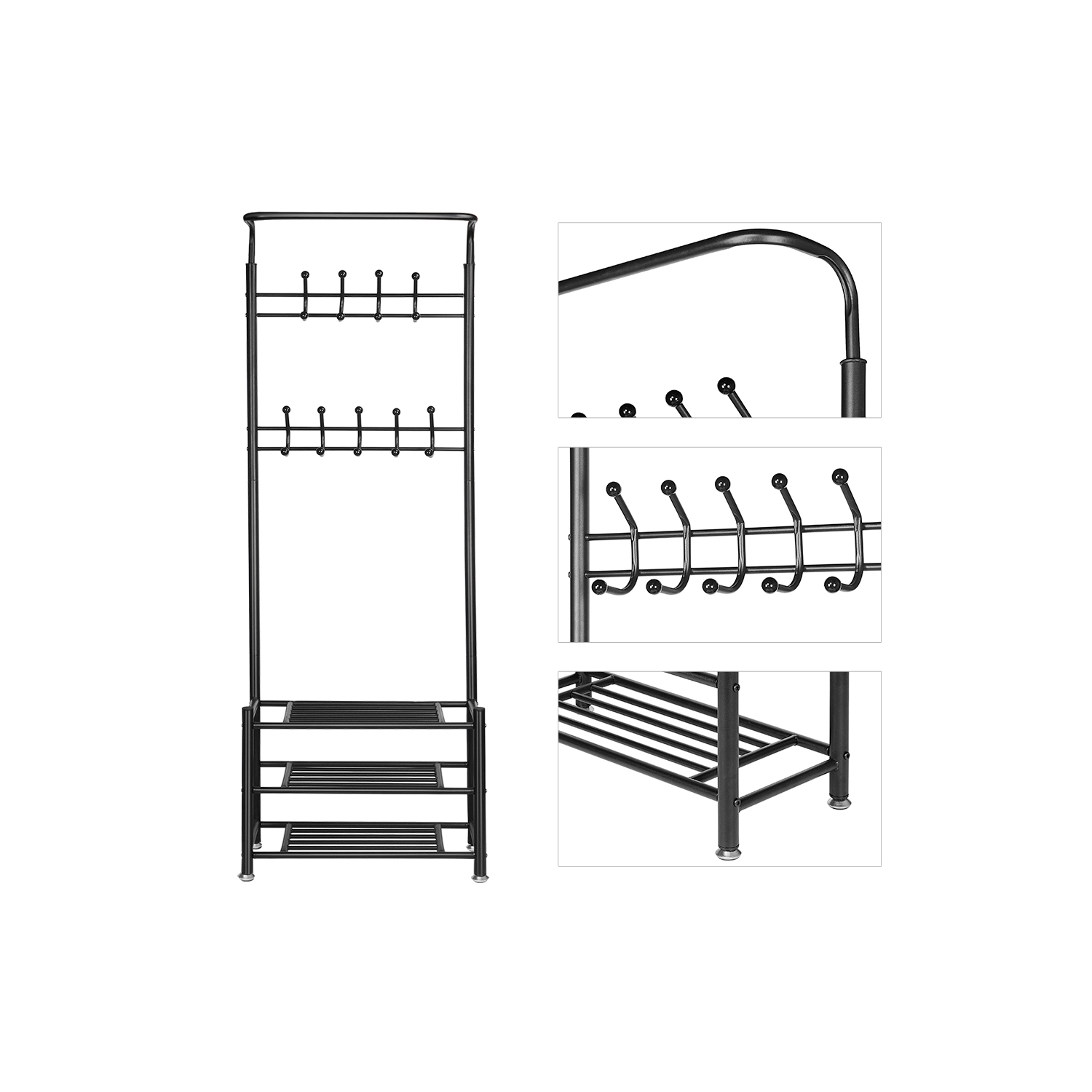 Multifuctional Clothing Rack Garment Rack Metal Entryway Coat Rack 3-Tier Shoe Bench with 18 Hooks,Easy Assembly