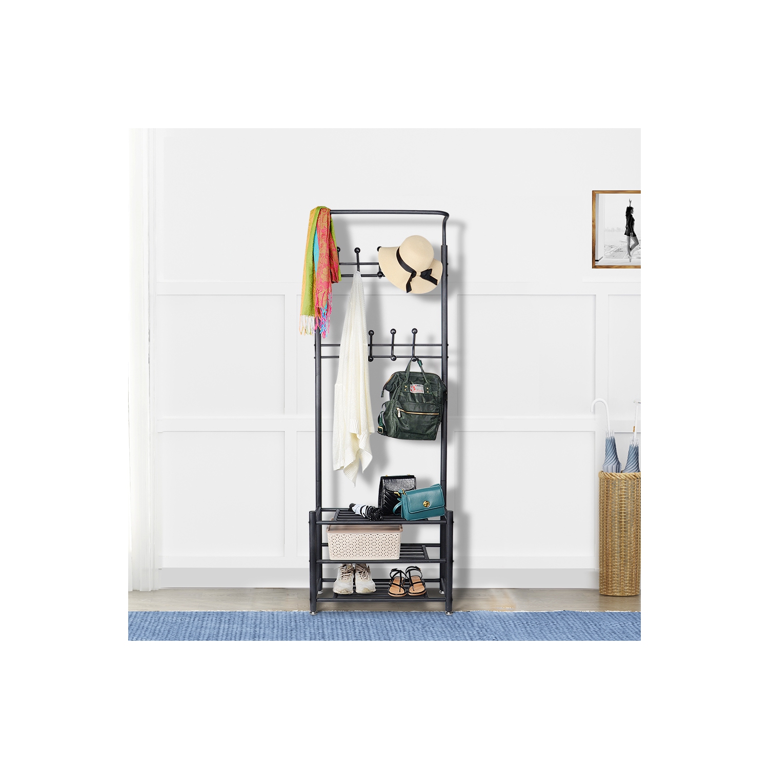 Multifuctional Clothing Rack Garment Rack Metal Entryway Coat Rack 3-Tier Shoe Bench with 18 Hooks,Easy Assembly