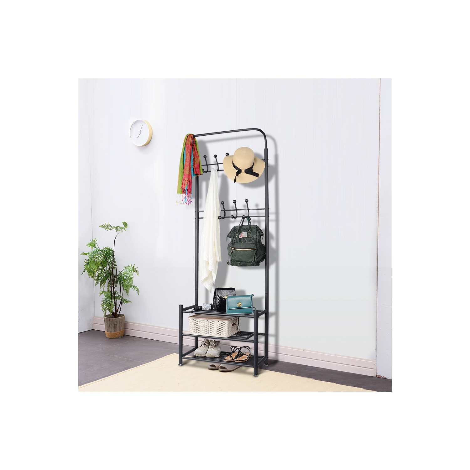 Multifuctional Clothing Rack Garment Rack Metal Entryway Coat Rack 3-Tier Shoe Bench with 18 Hooks,Easy Assembly