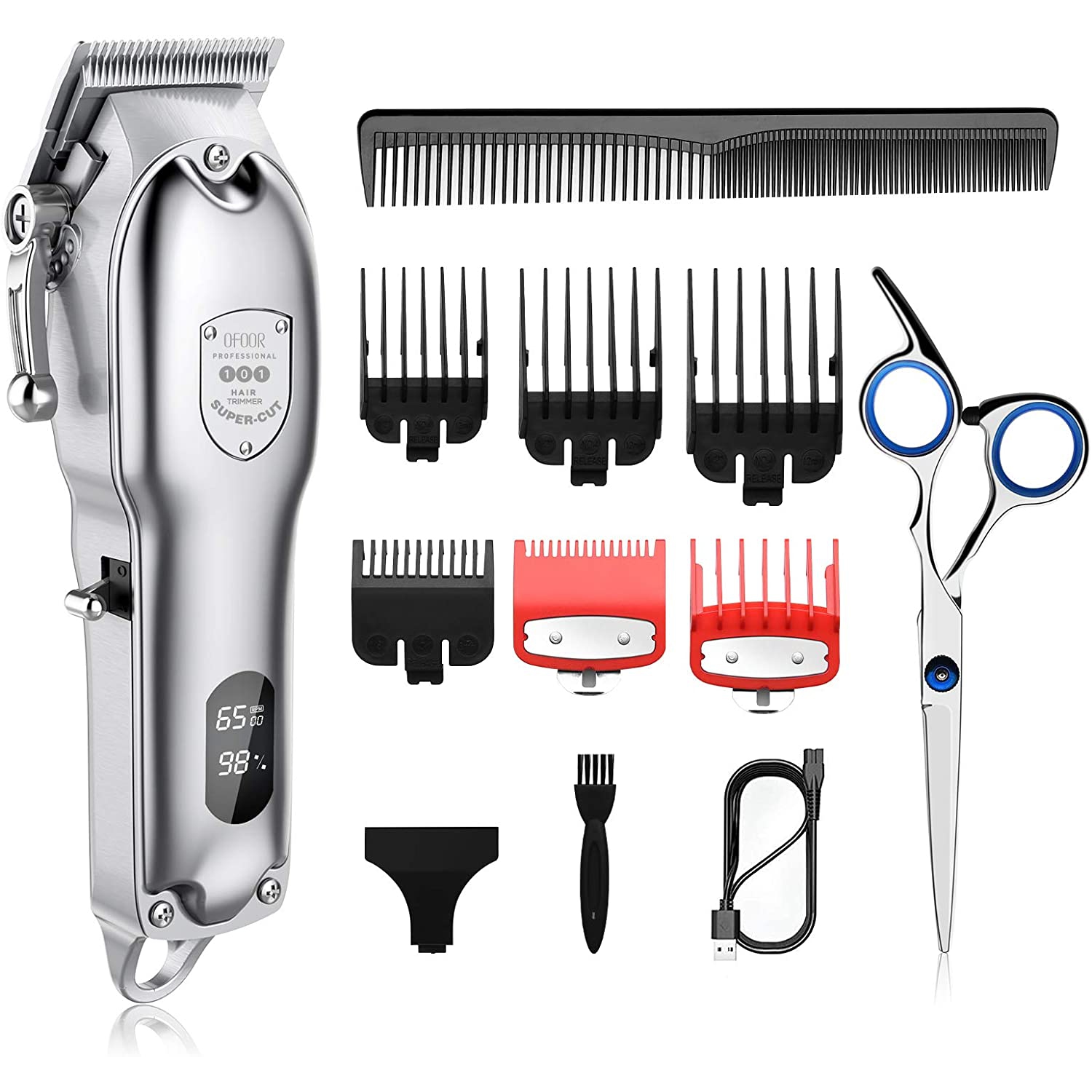 Professional Hair Clippers for Men with Scissors & LED Display - Rechargeable Cordless Haircutting Beard Trimmer Electric Barbers Grooming Set （Silver）
