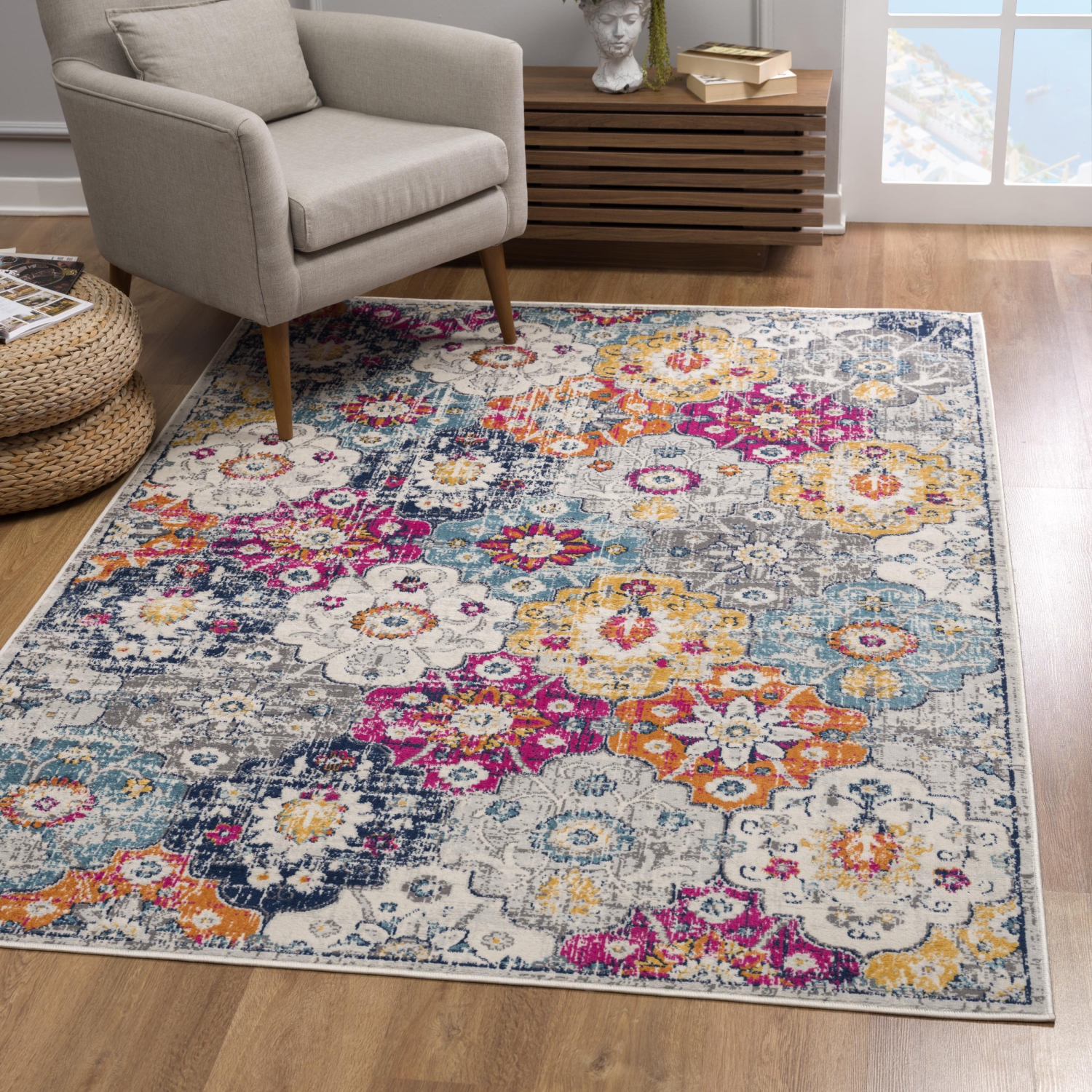 Rug Branch Valencia Contemporary Vintage Floral Blue/Grey Indoor Area Rug