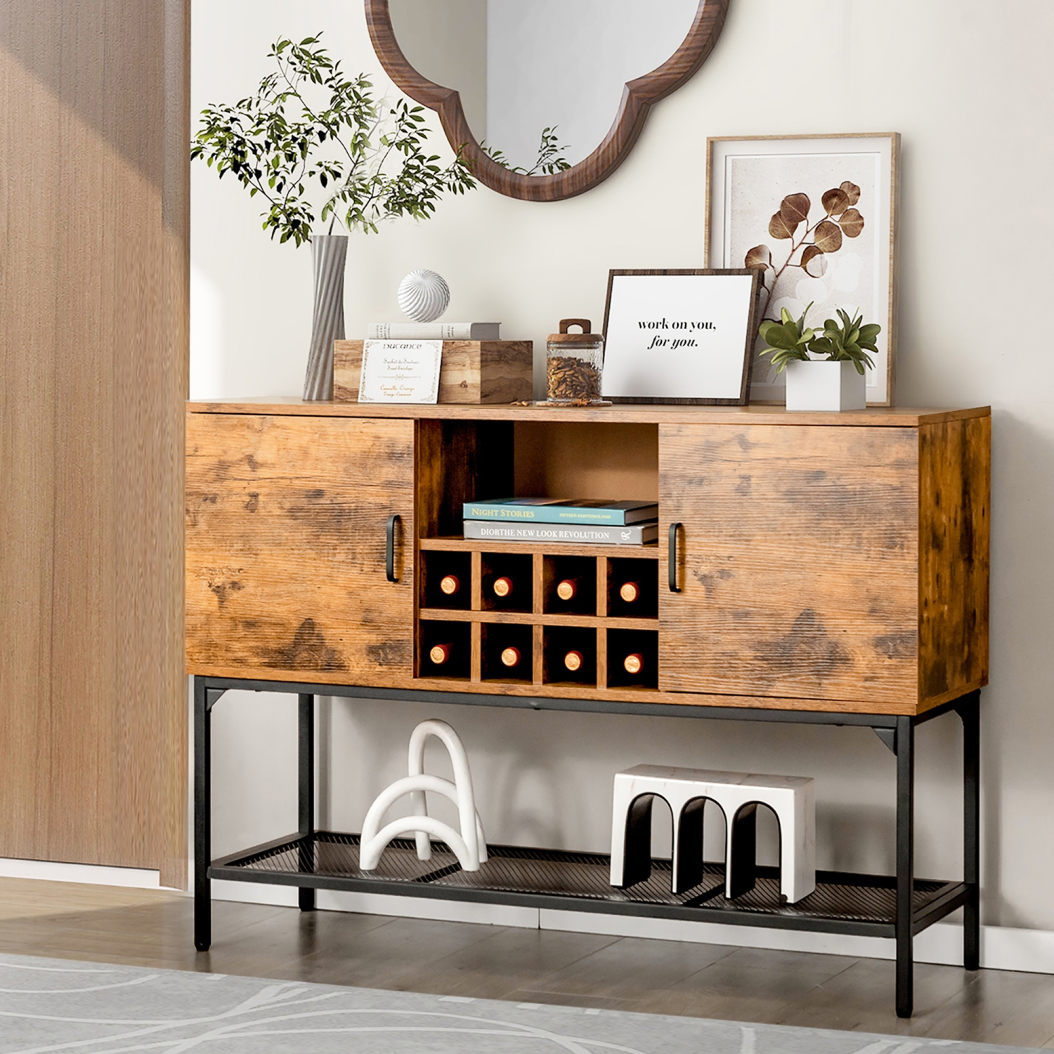 Costway Industrial Kitchen Buffet Sideboard 2-Door Console Table w/Open Shelf Wine Rack