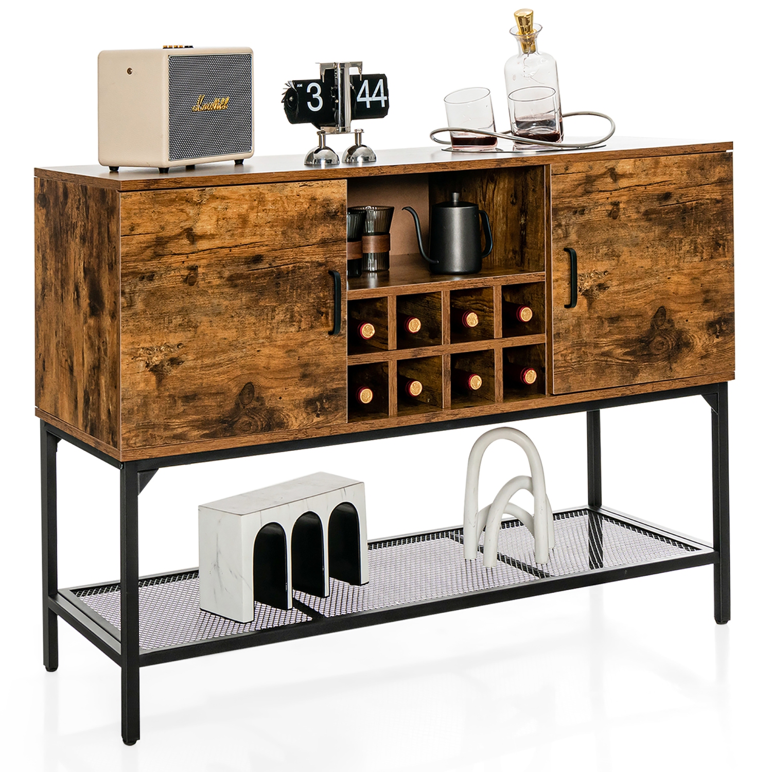Costway Industrial Kitchen Buffet Sideboard 2-Door Console Table w/Open Shelf Wine Rack