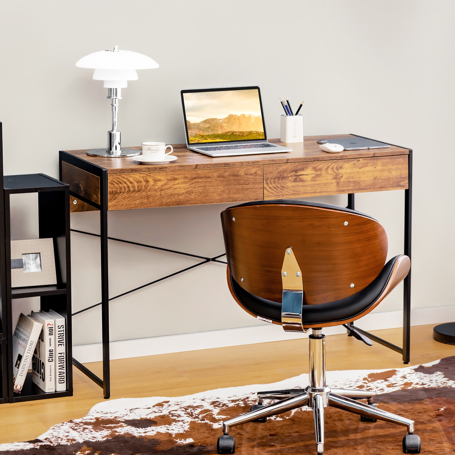 Bureau d'ordinateur à cadre en métal de Costway Bureau à domicile Poste de travail à 2 tiroirs