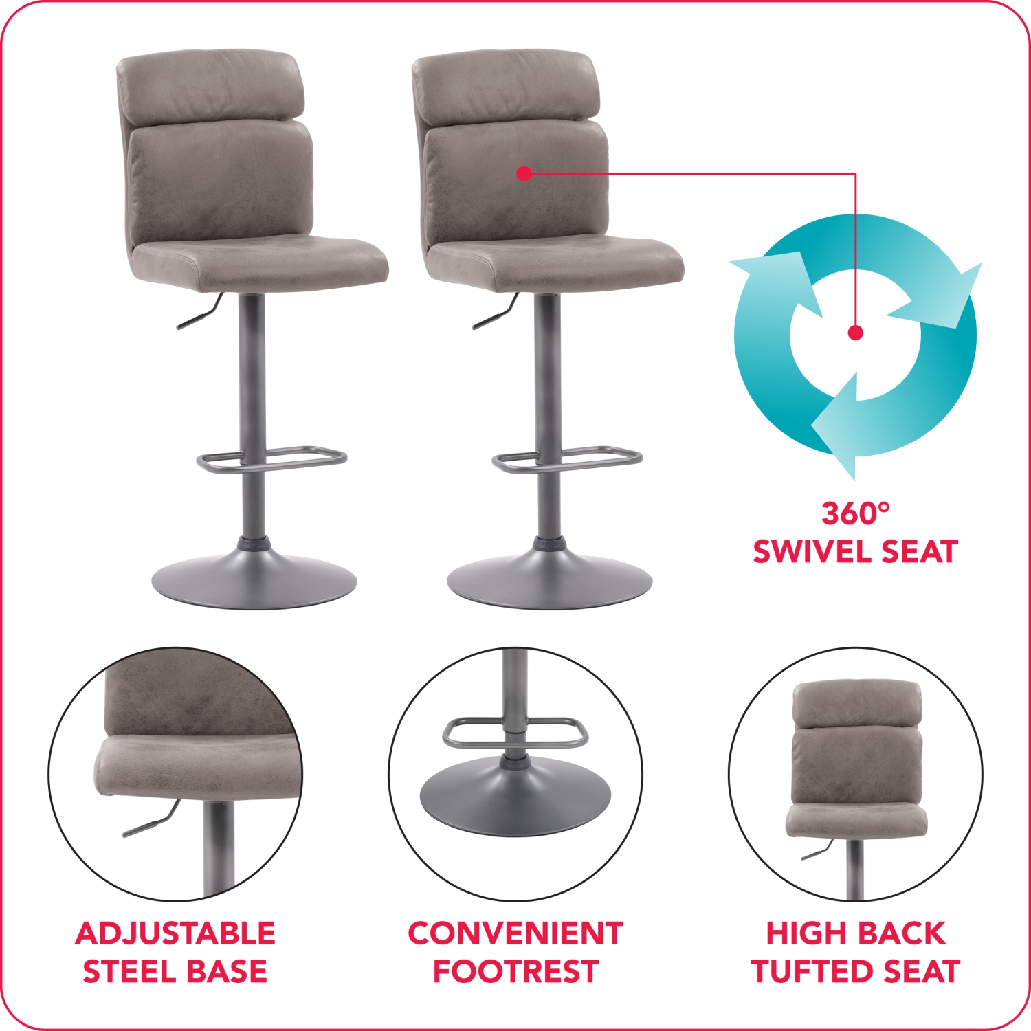 CorLiving DPU-851-B Palmer Adjustable High Back Distressed Grey Barstool, Set of 2