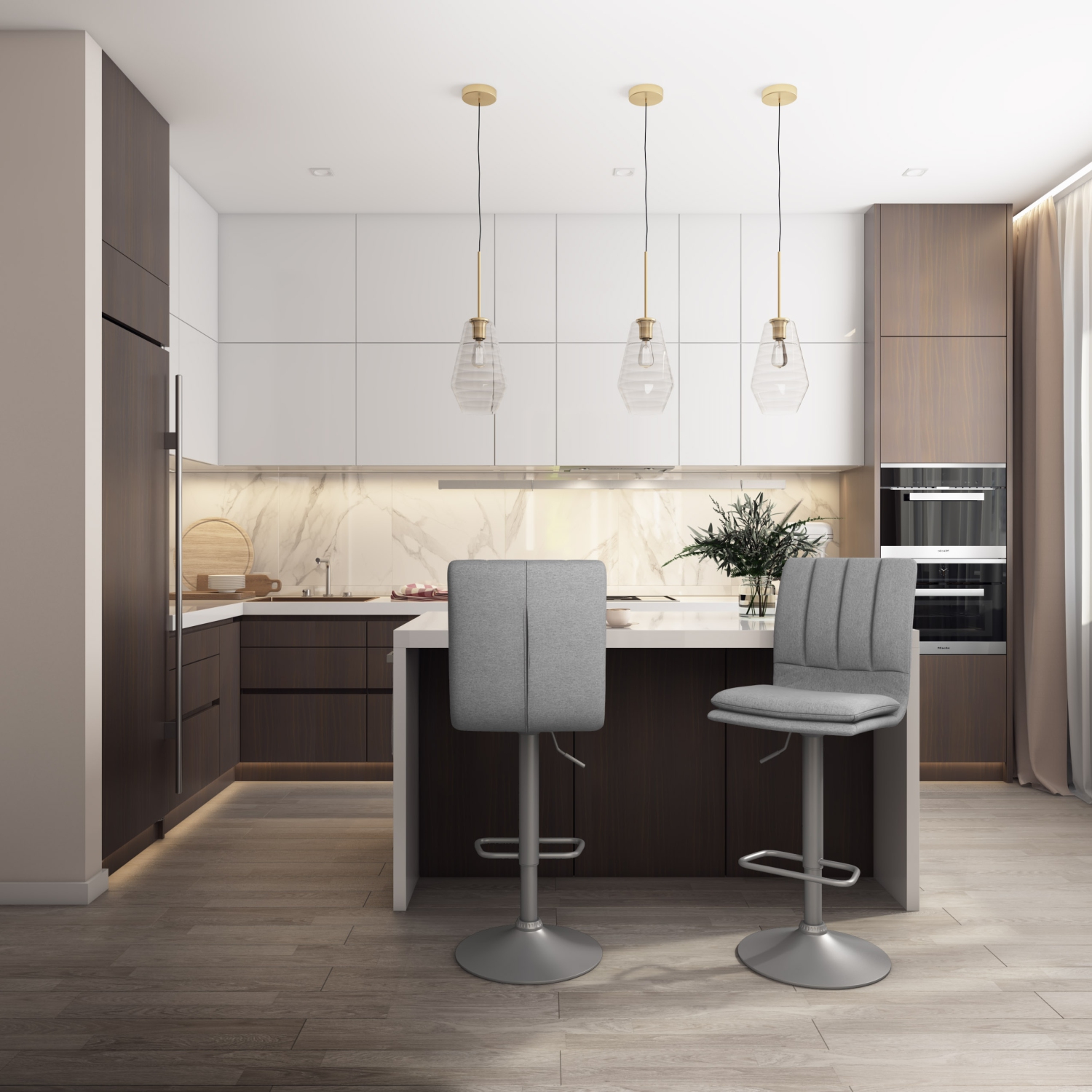 Tabouret de bar touffeté réglable tapissé gris Palmer, lot de 2