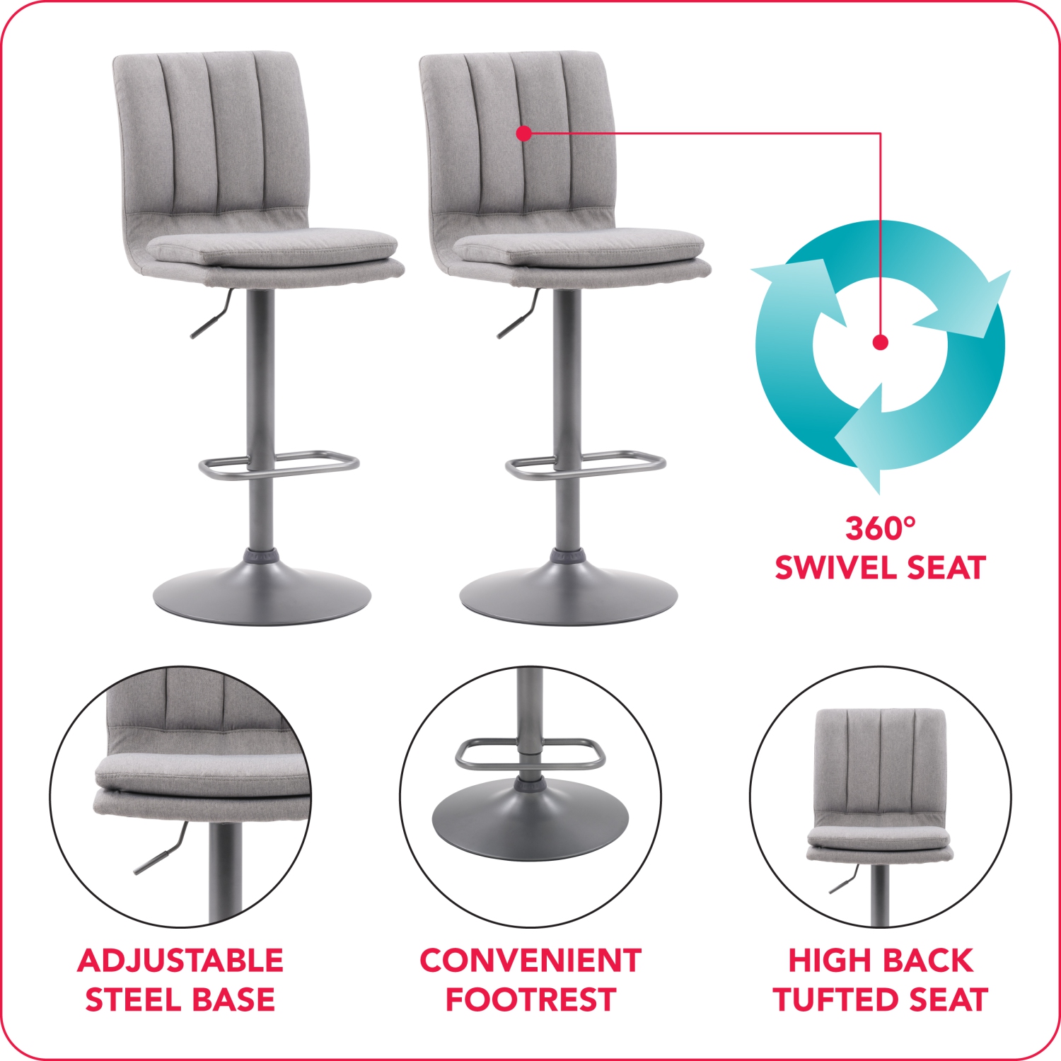Tabouret de bar touffeté réglable tapissé gris Palmer, lot de 2