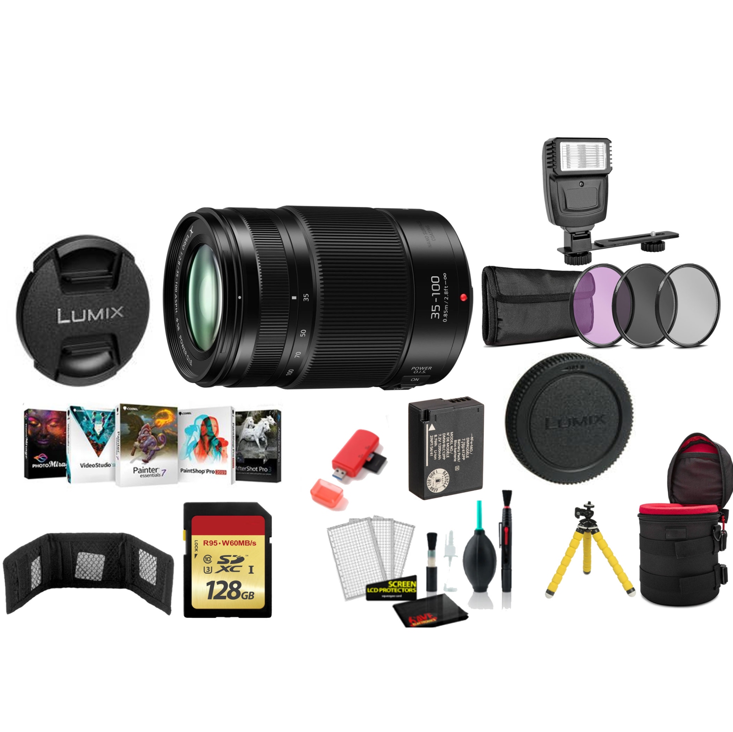 Panasonic Lumix G X Vario 35-100mm f/2.8 II POWER O.I.S. Lens with 128GB Memory Card and More