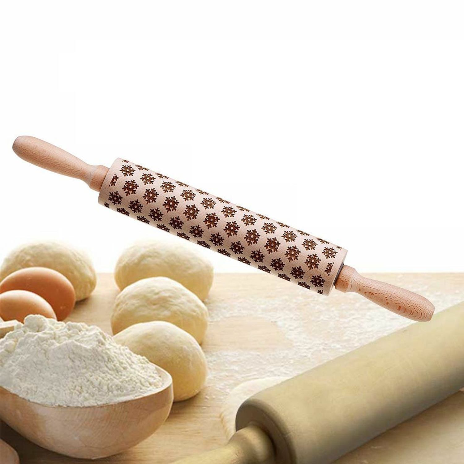 Christmas Wooden Rolling Pins with Embossing, Natural Wood Star Carved Engraved Rolling Pin for Baking Cookies