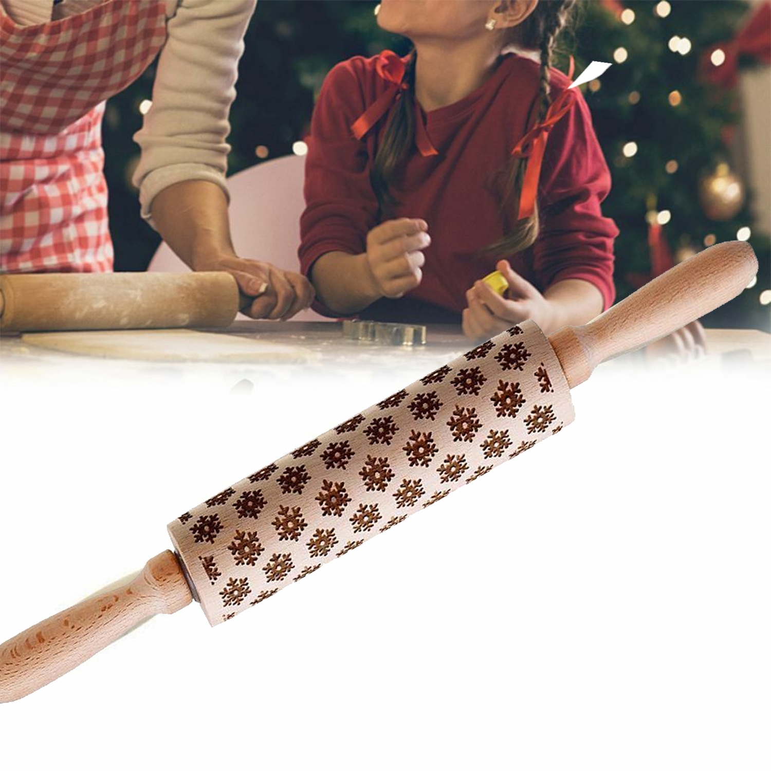 Christmas Wooden Rolling Pins with Embossing, Natural Wood Star Carved Engraved Rolling Pin for Baking Cookies