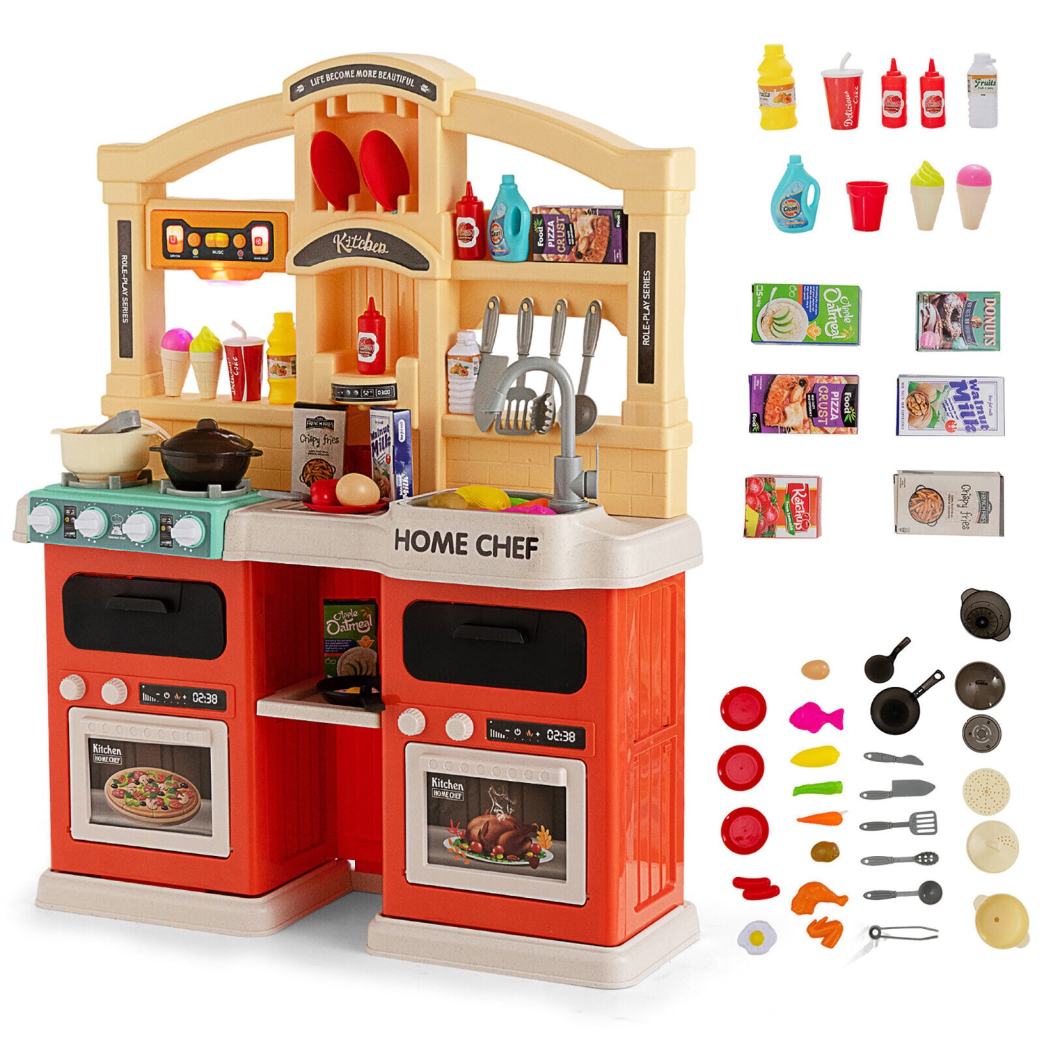 Gymax Kids Play Kitchen Set 69PC Kitchen Playset Toys W/ Realistic Lights & Sounds