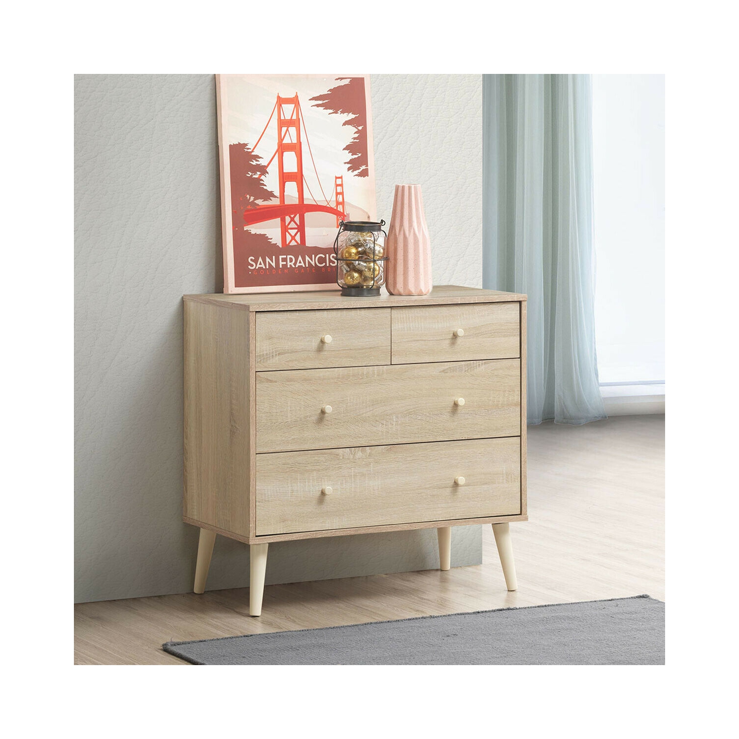 Gymax 4-Drawer Dresser Chest Cabinet Storage Organizer Rubber Leg W/Rail Walnut/Oak Finish