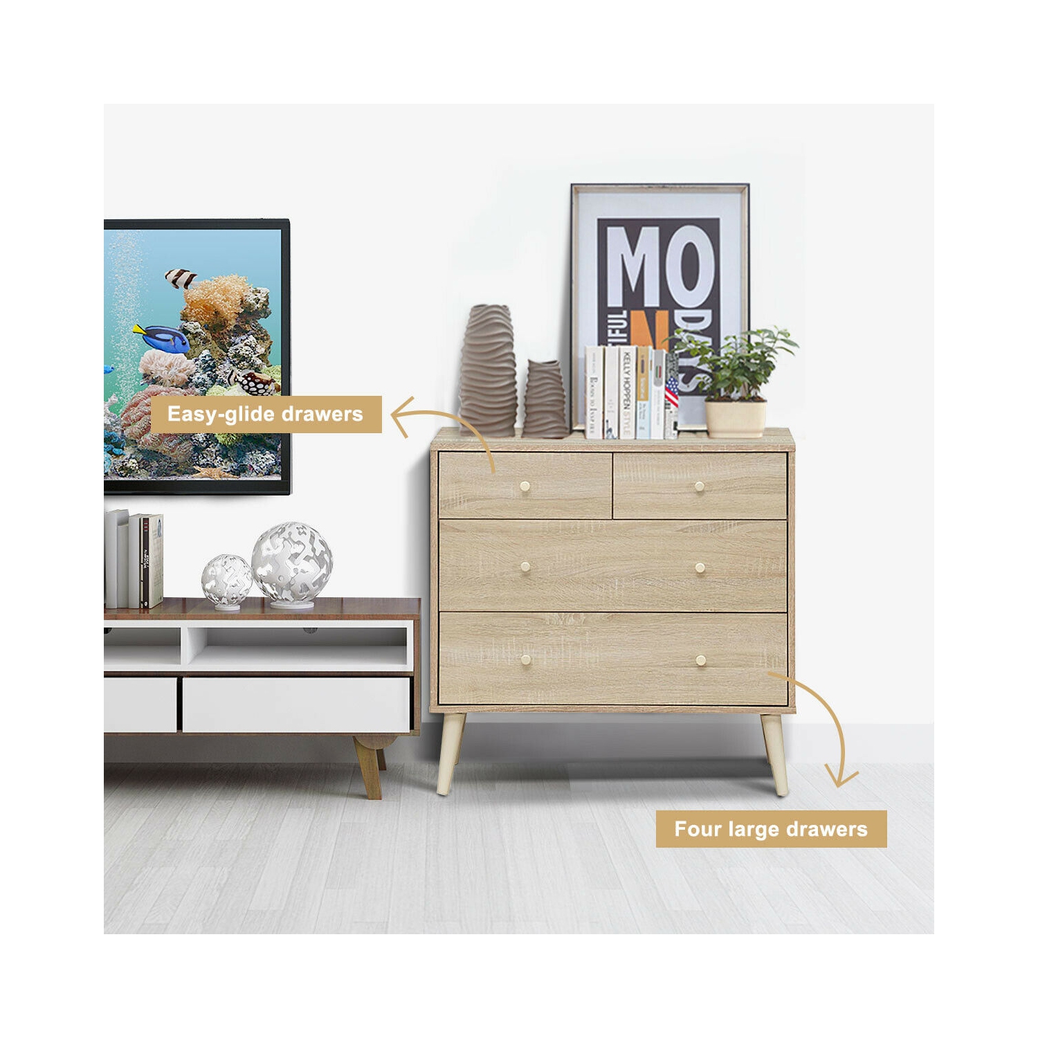 Gymax 4-Drawer Dresser Chest Cabinet Storage Organizer Rubber Leg W/Rail Walnut/Oak Finish