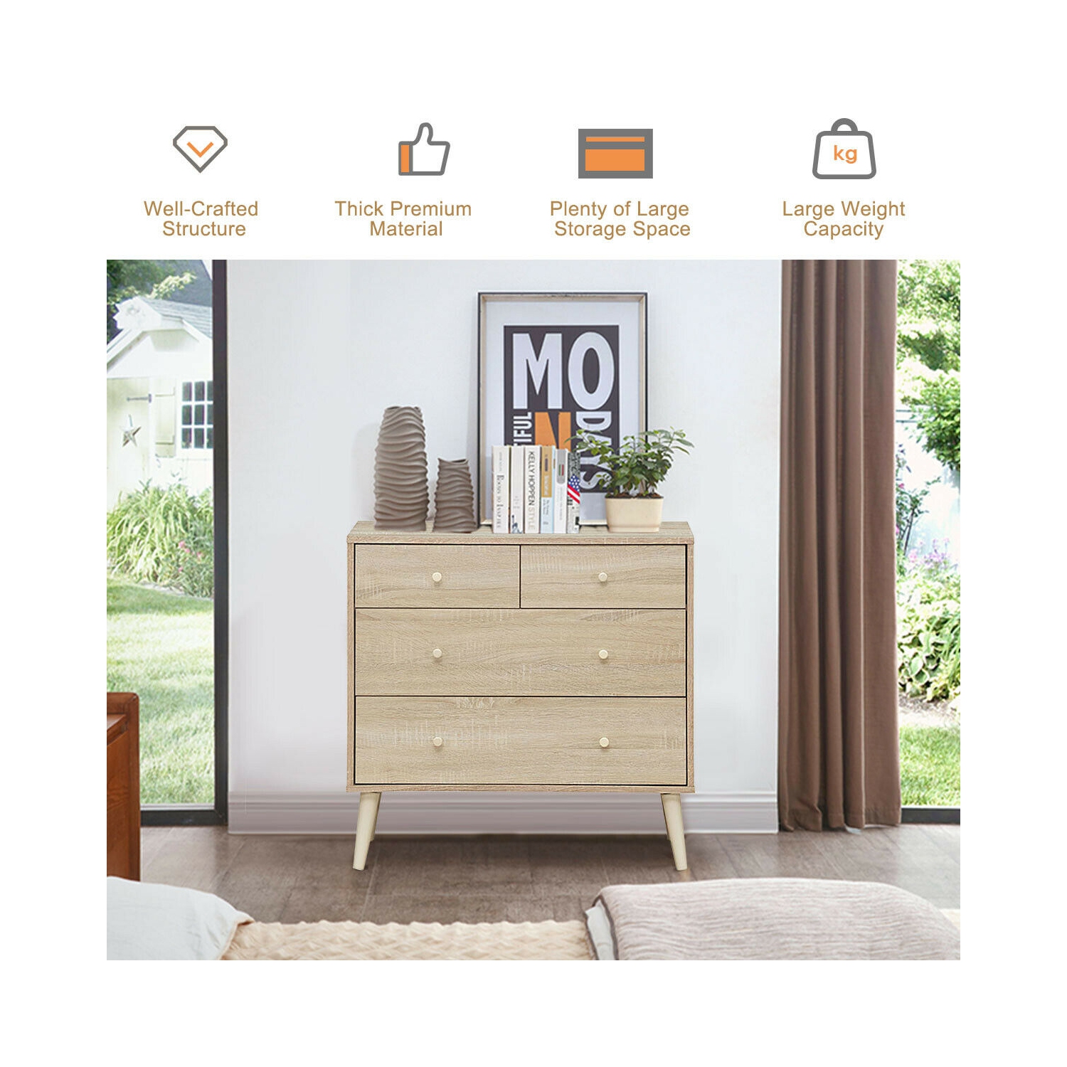 Gymax 4-Drawer Dresser Chest Cabinet Storage Organizer Rubber Leg W/Rail Walnut/Oak Finish