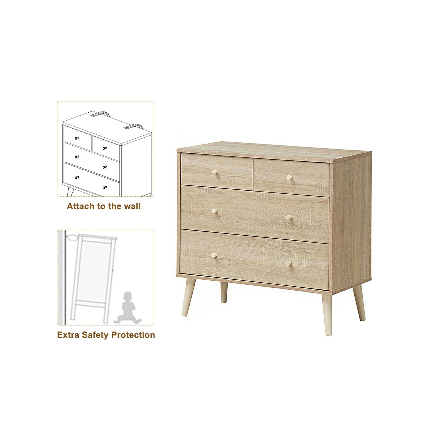 Gymax 4-Drawer Dresser Chest Cabinet Storage Organizer Rubber Leg W/Rail Walnut/Oak Finish