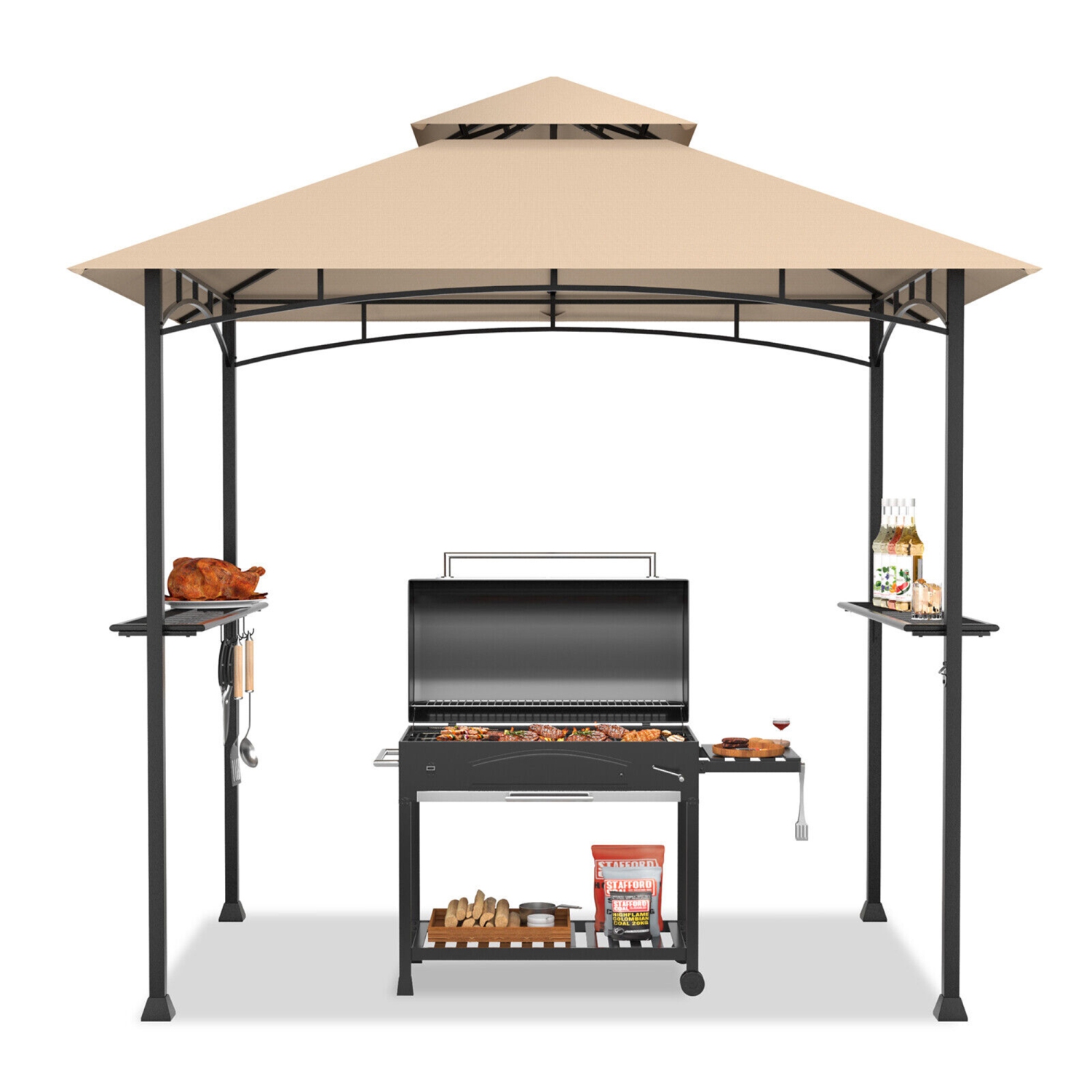 Gymax 8' x 5' BBQ Grill Gazebo 2-Tier Barbecue Canopy Vented Top Shelves Shelter